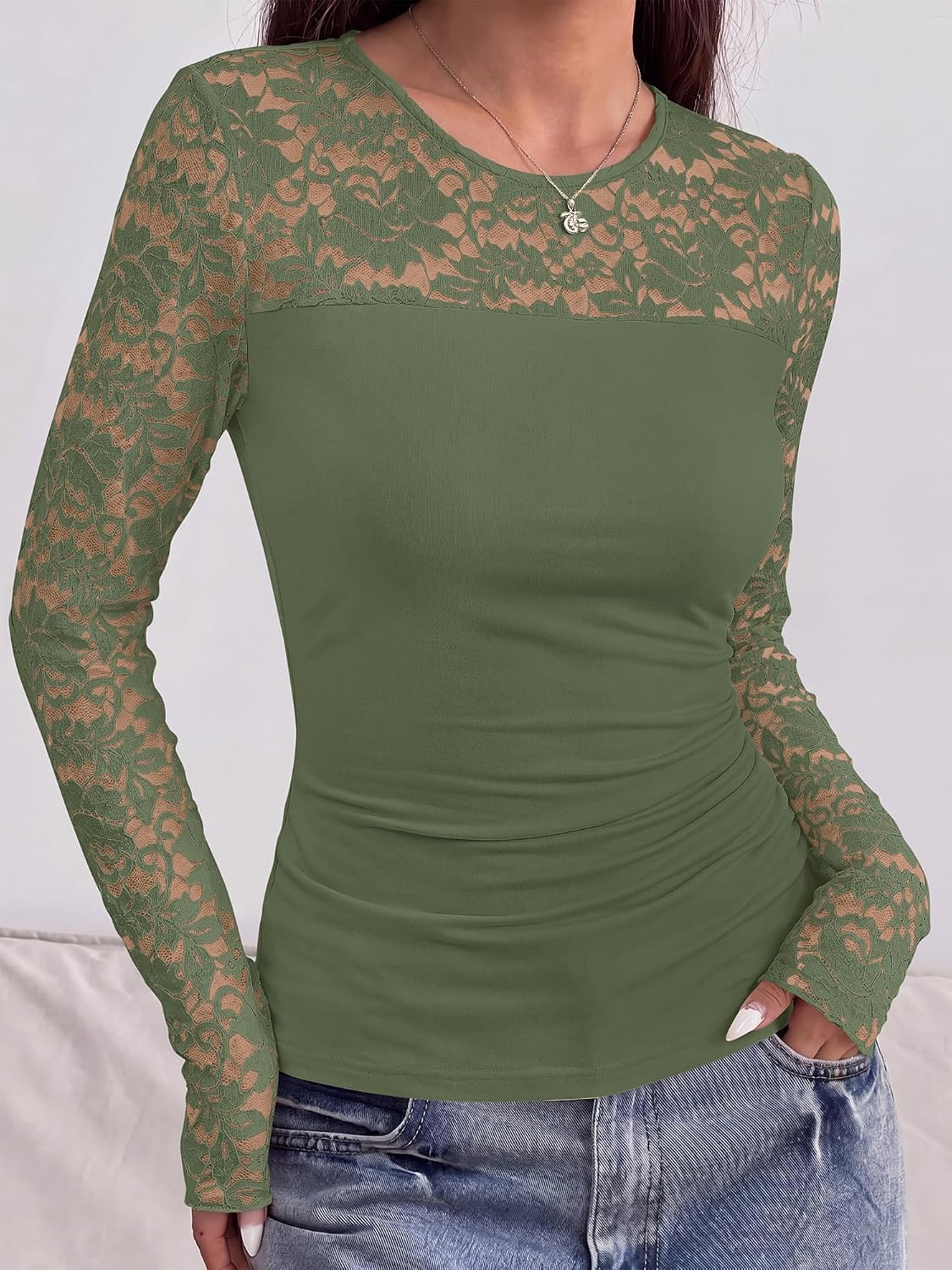 image:imageBTFBM Long Sleeve Shirts for Women Lace Tops Mesh Sheer Top Dressy CasualGrey Green
