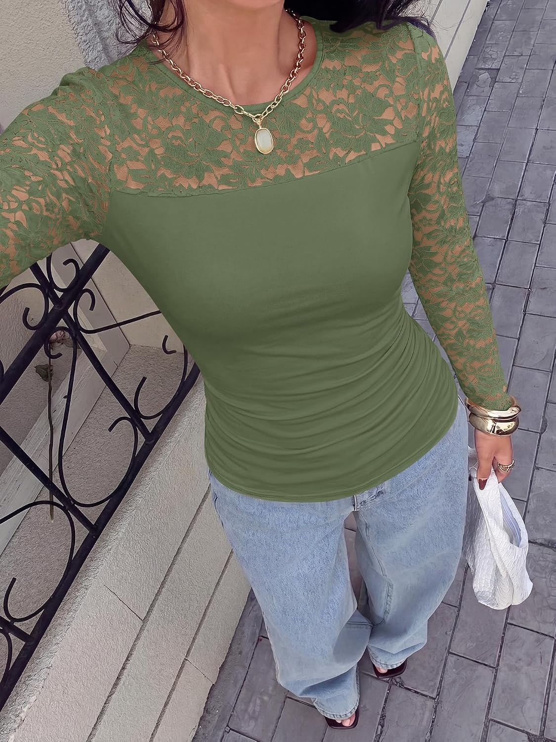 image:imageBTFBM Long Sleeve Shirts for Women Lace Tops Mesh Sheer Top Dressy CasualGrey Green