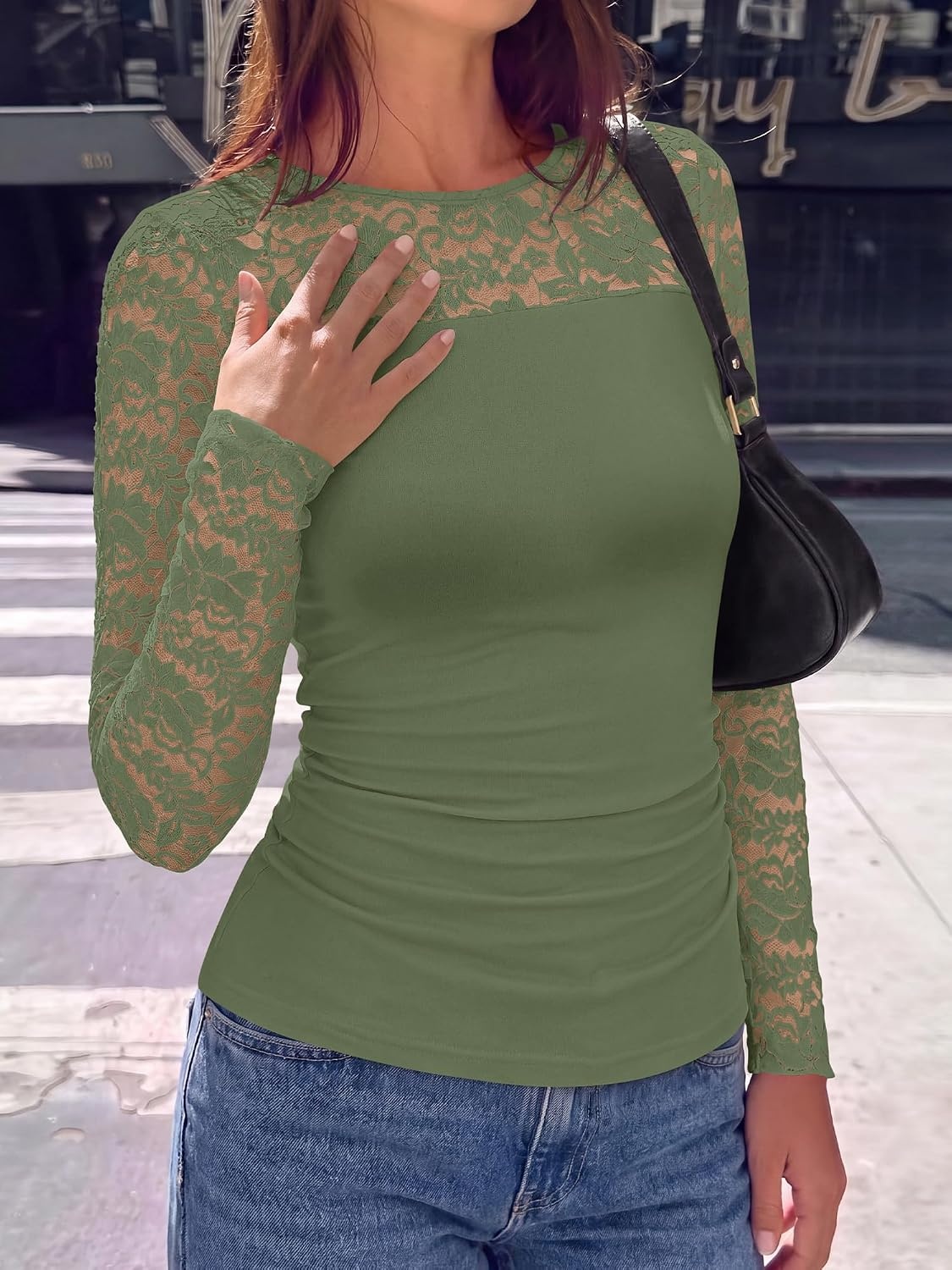 image:imageBTFBM Long Sleeve Shirts for Women Lace Tops Mesh Sheer Top Dressy CasualGrey Green