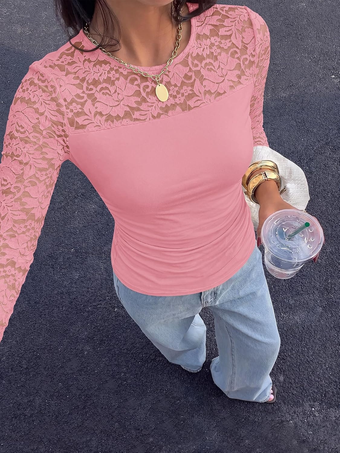 image:imageBTFBM Long Sleeve Shirts for Women Lace Tops Mesh Sheer Top Dressy CasualPink