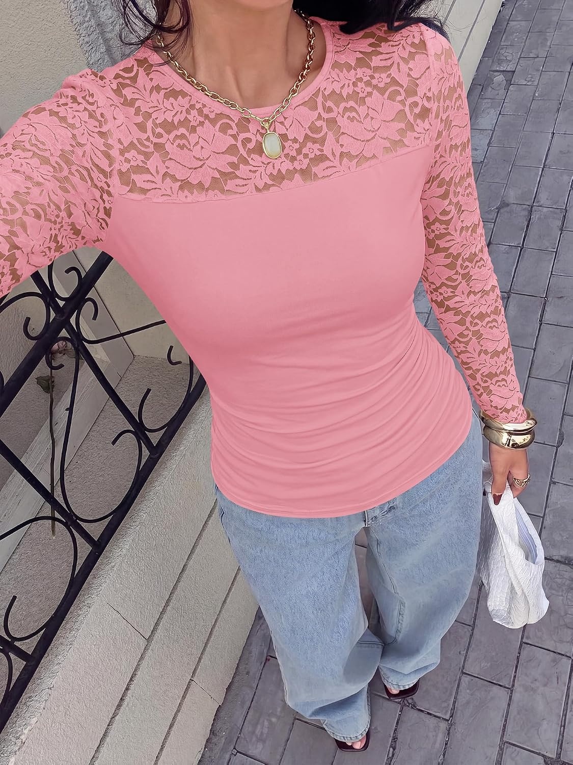 image:imageBTFBM Long Sleeve Shirts for Women Lace Tops Mesh Sheer Top Dressy CasualPink