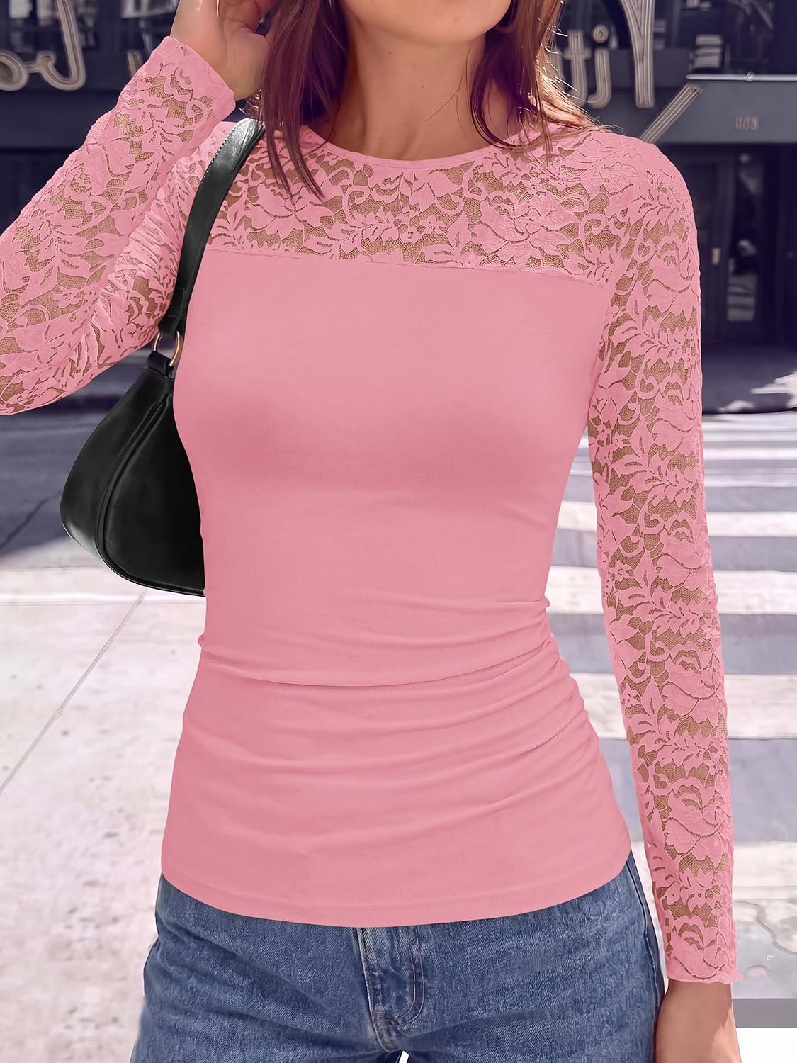 image:imageBTFBM Long Sleeve Shirts for Women Lace Tops Mesh Sheer Top Dressy CasualPink
