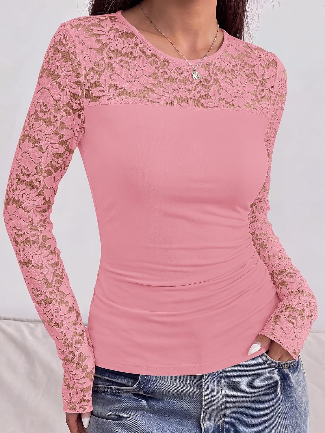 image:imageBTFBM Long Sleeve Shirts for Women Lace Tops Mesh Sheer Top Dressy CasualPink