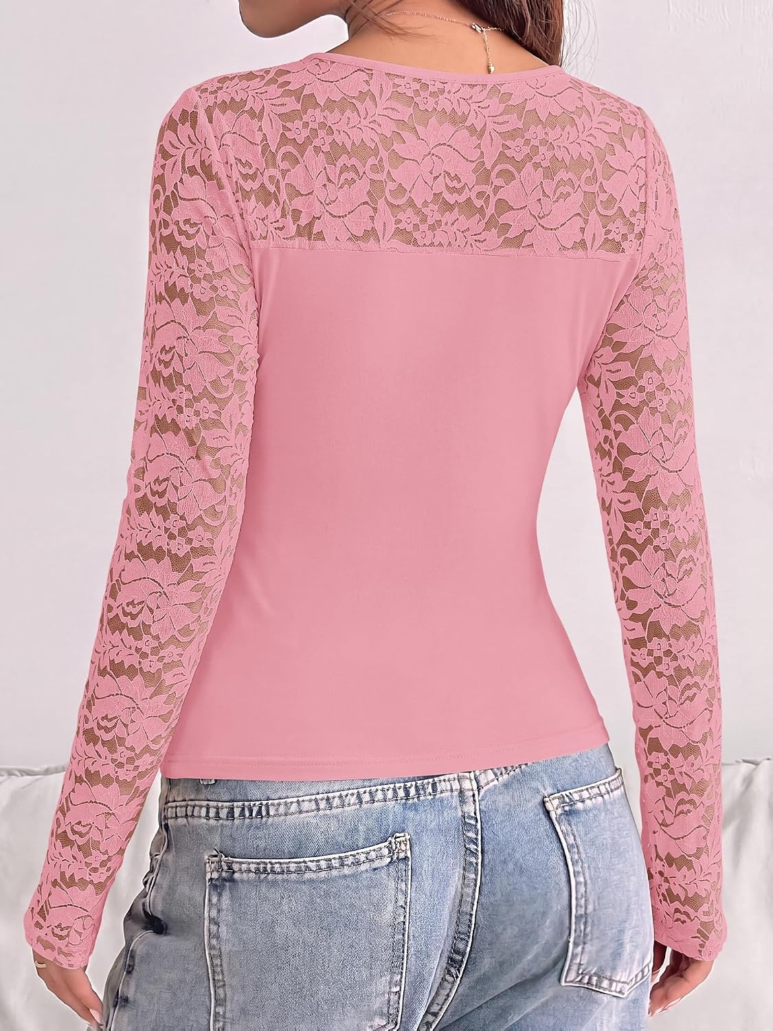 image:imageBTFBM Long Sleeve Shirts for Women Lace Tops Mesh Sheer Top Dressy CasualPink