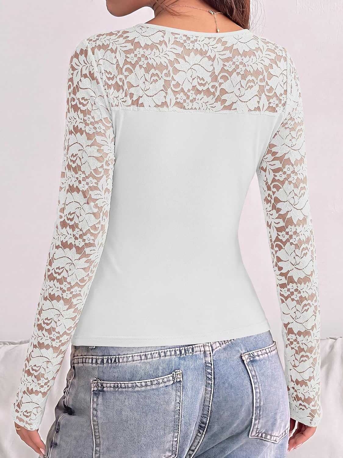 image:imageBTFBM Long Sleeve Shirts for Women Lace Tops Mesh Sheer Top Dressy CasualWhite