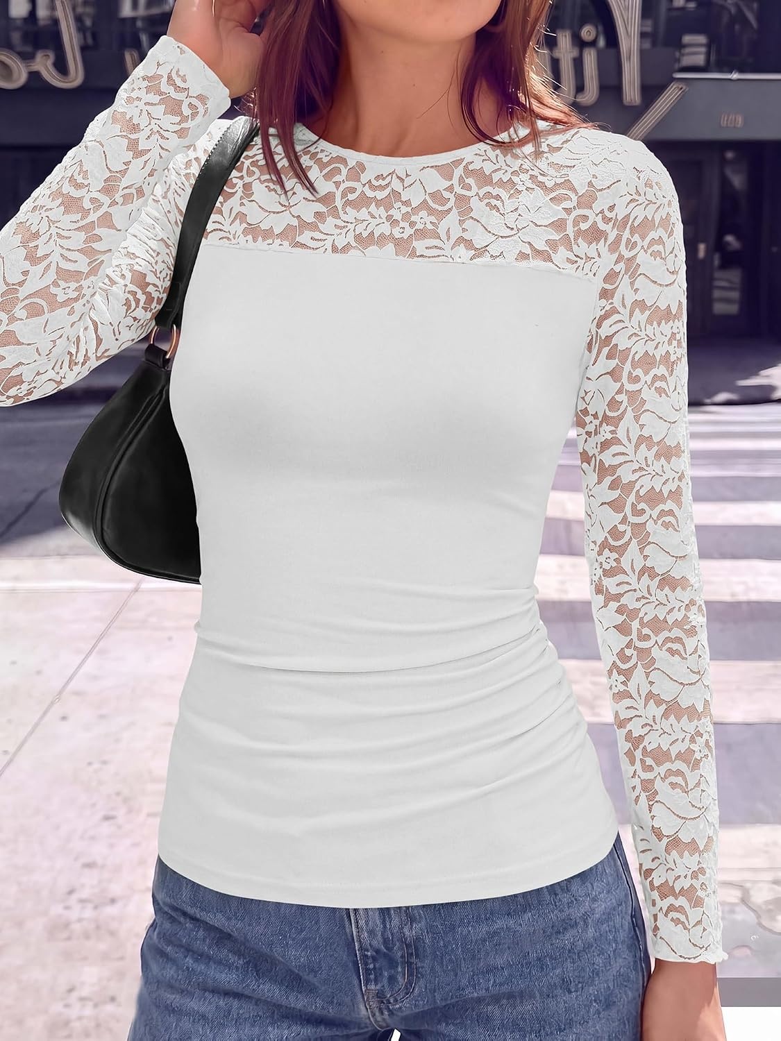 image:imageBTFBM Long Sleeve Shirts for Women Lace Tops Mesh Sheer Top Dressy CasualWhite