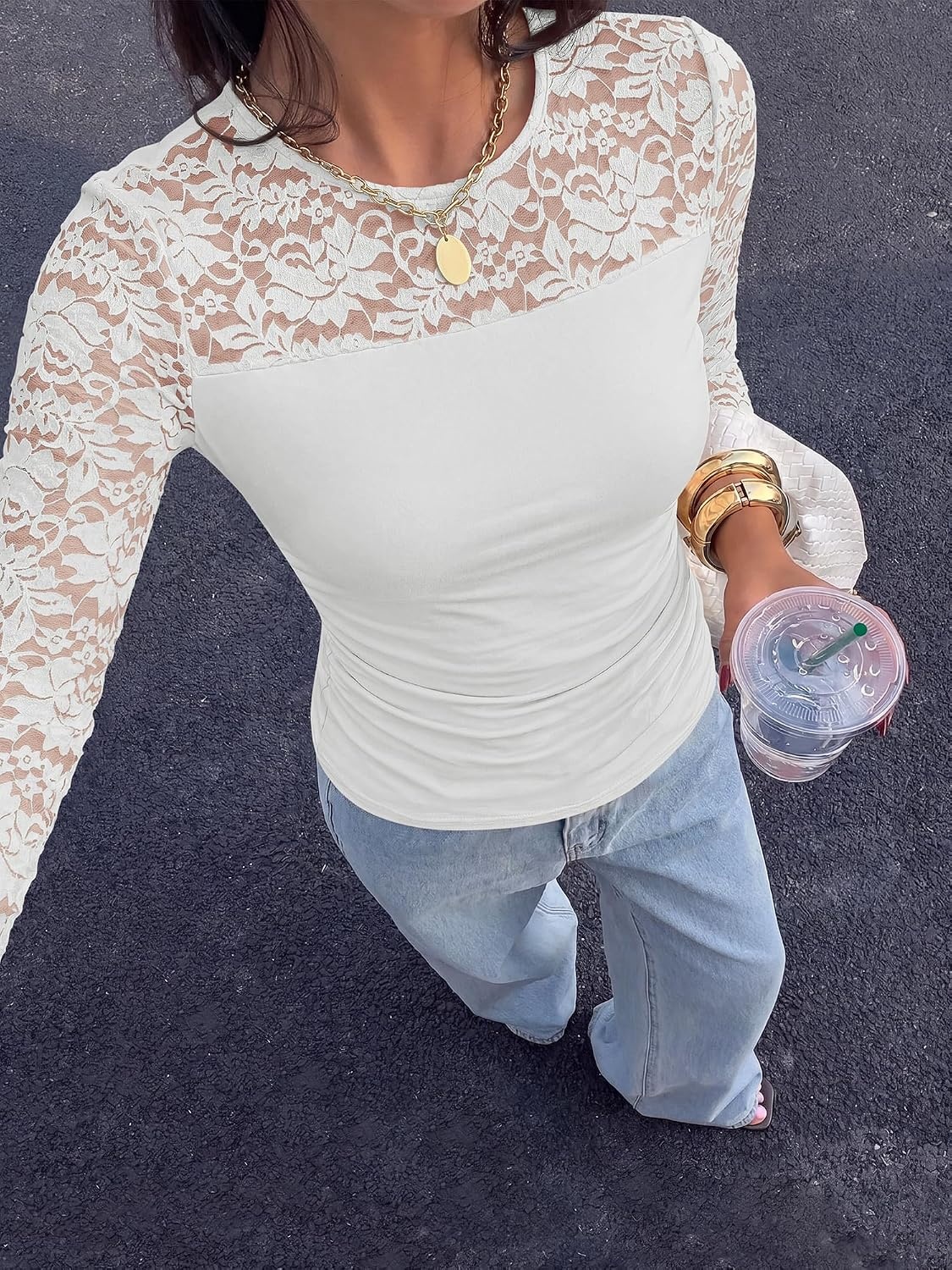 image:imageBTFBM Long Sleeve Shirts for Women Lace Tops Mesh Sheer Top Dressy CasualWhite