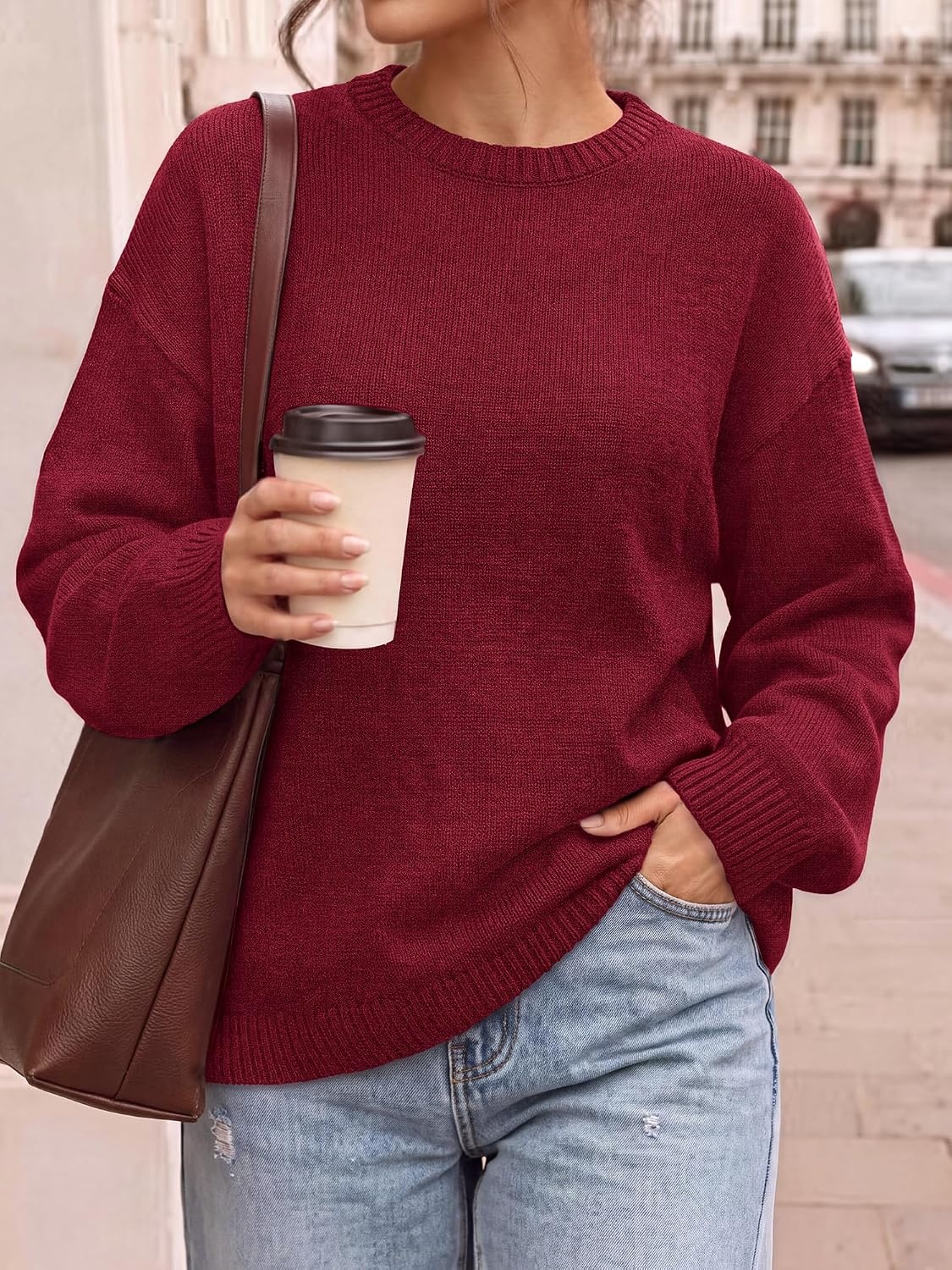 image:imageBTFBM Oversized Sweaters for Women Fall Clothes Crewneck Winter OutfitsBurgundy