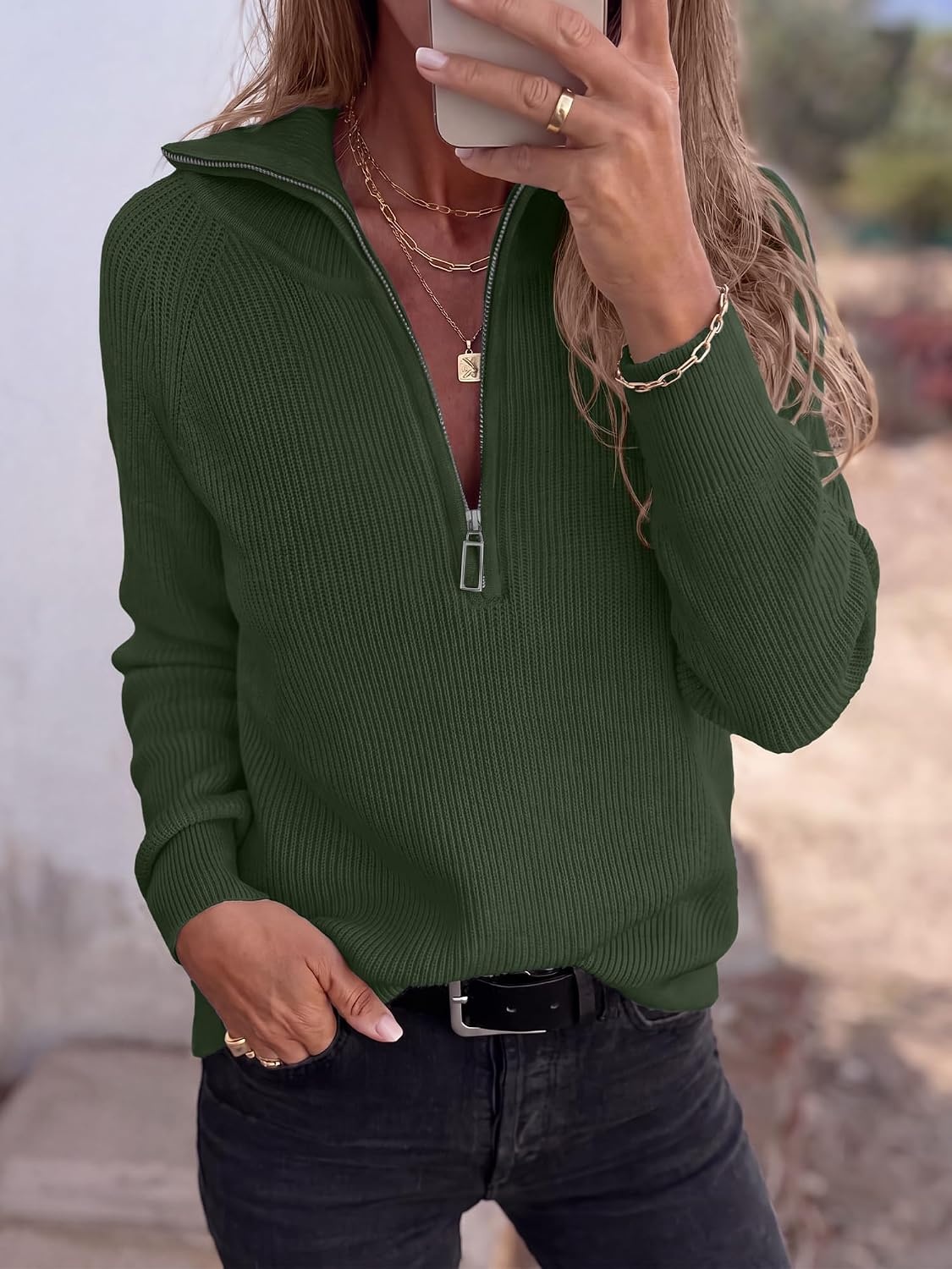 image:imageBTFBM Sweaters for Women Trendy Quarter Zip Pullover Fall Fashion ClothingArmy Green