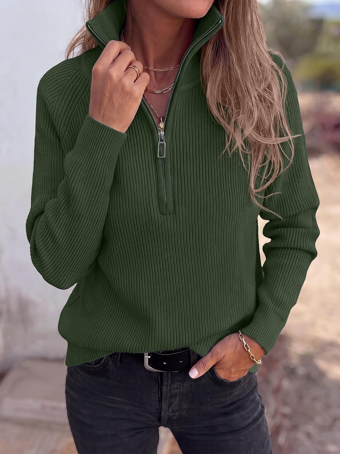 image:imageBTFBM Sweaters for Women Trendy Quarter Zip Pullover Fall Fashion ClothingArmy Green