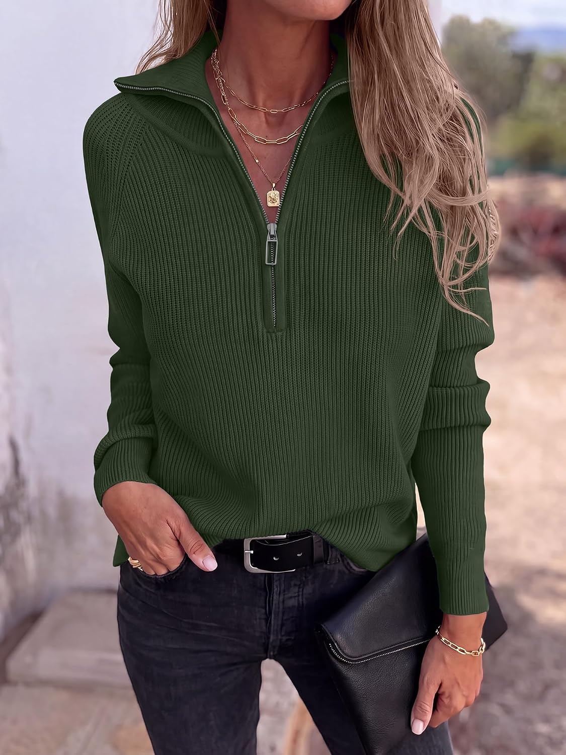 image:imageBTFBM Sweaters for Women Trendy Quarter Zip Pullover Fall Fashion ClothingArmy Green