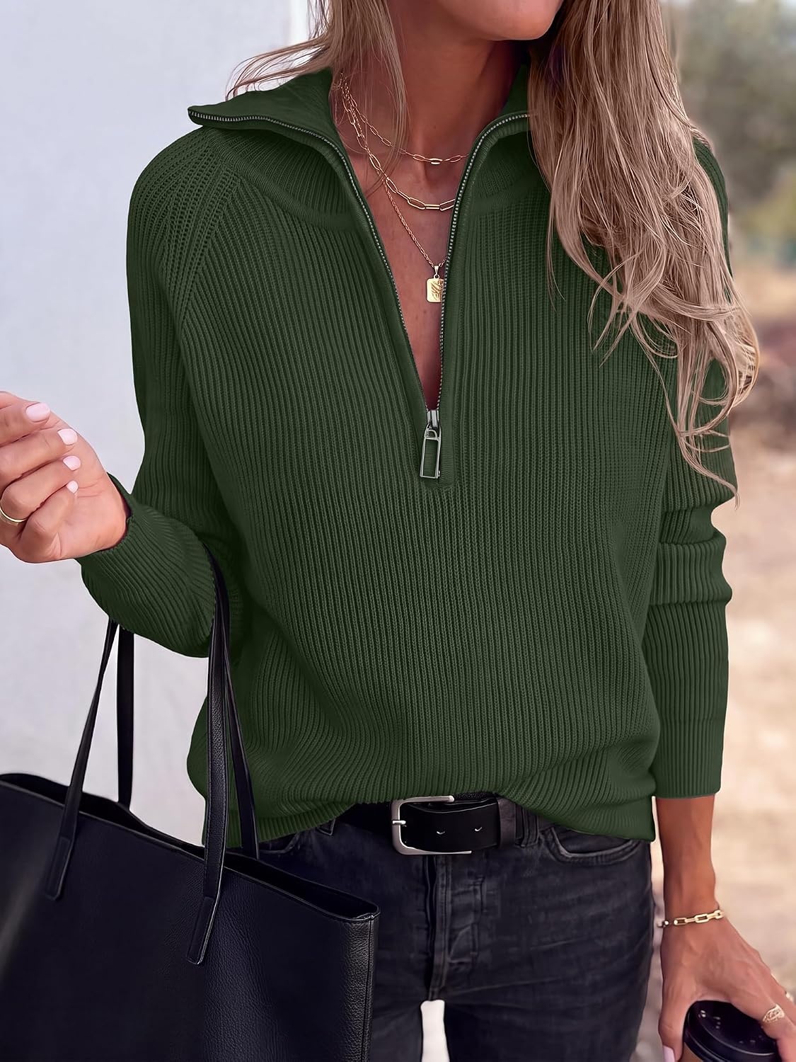 image:imageBTFBM Sweaters for Women Trendy Quarter Zip Pullover Fall Fashion ClothingArmy Green