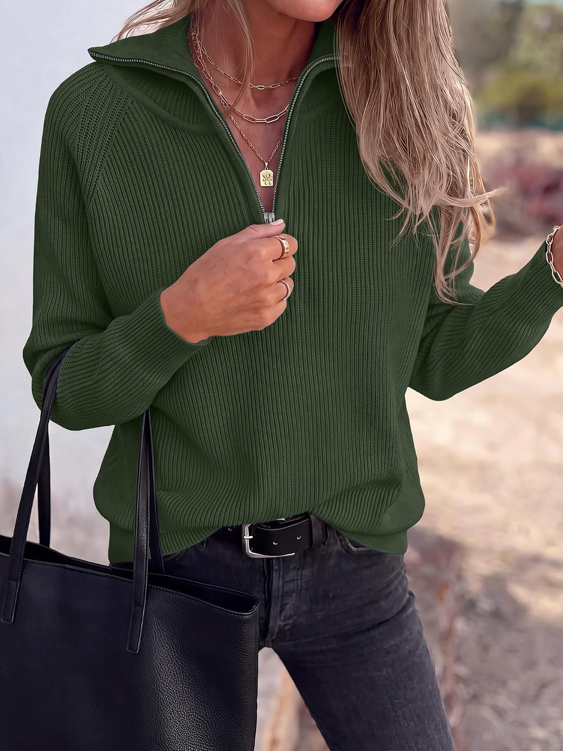 image:imageBTFBM Sweaters for Women Trendy Quarter Zip Pullover Fall Fashion ClothingArmy Green