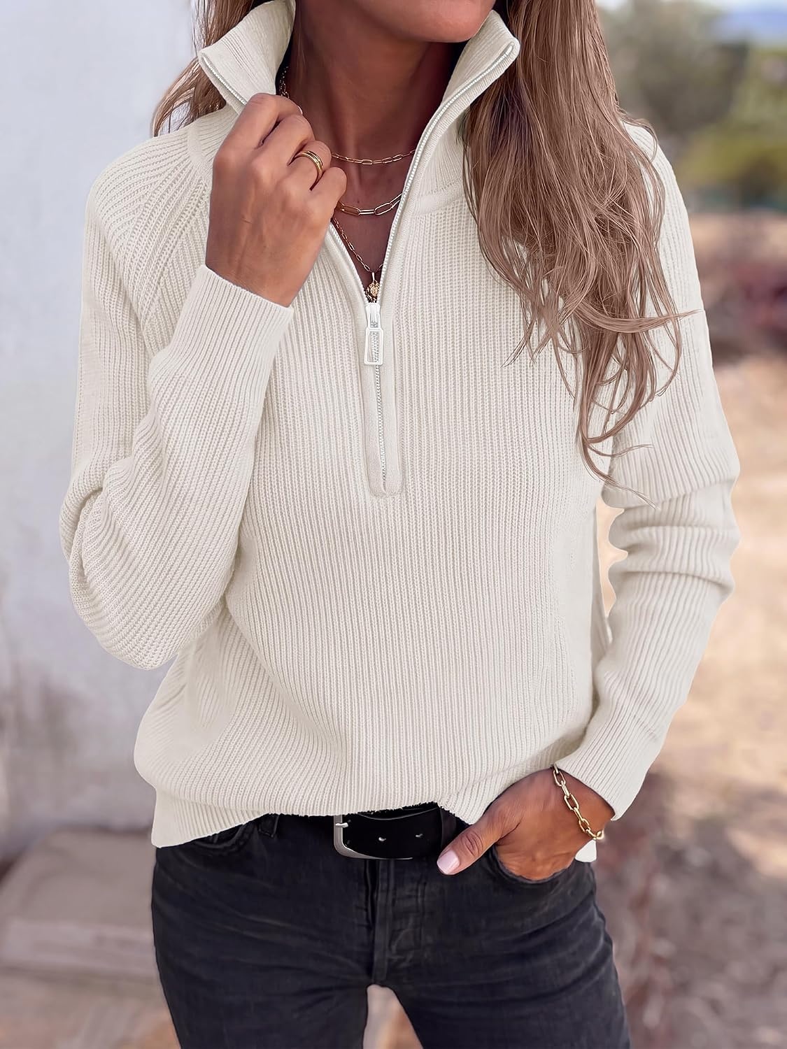 image:imageBTFBM Sweaters for Women Trendy Quarter Zip Pullover Fall Fashion ClothingBeige