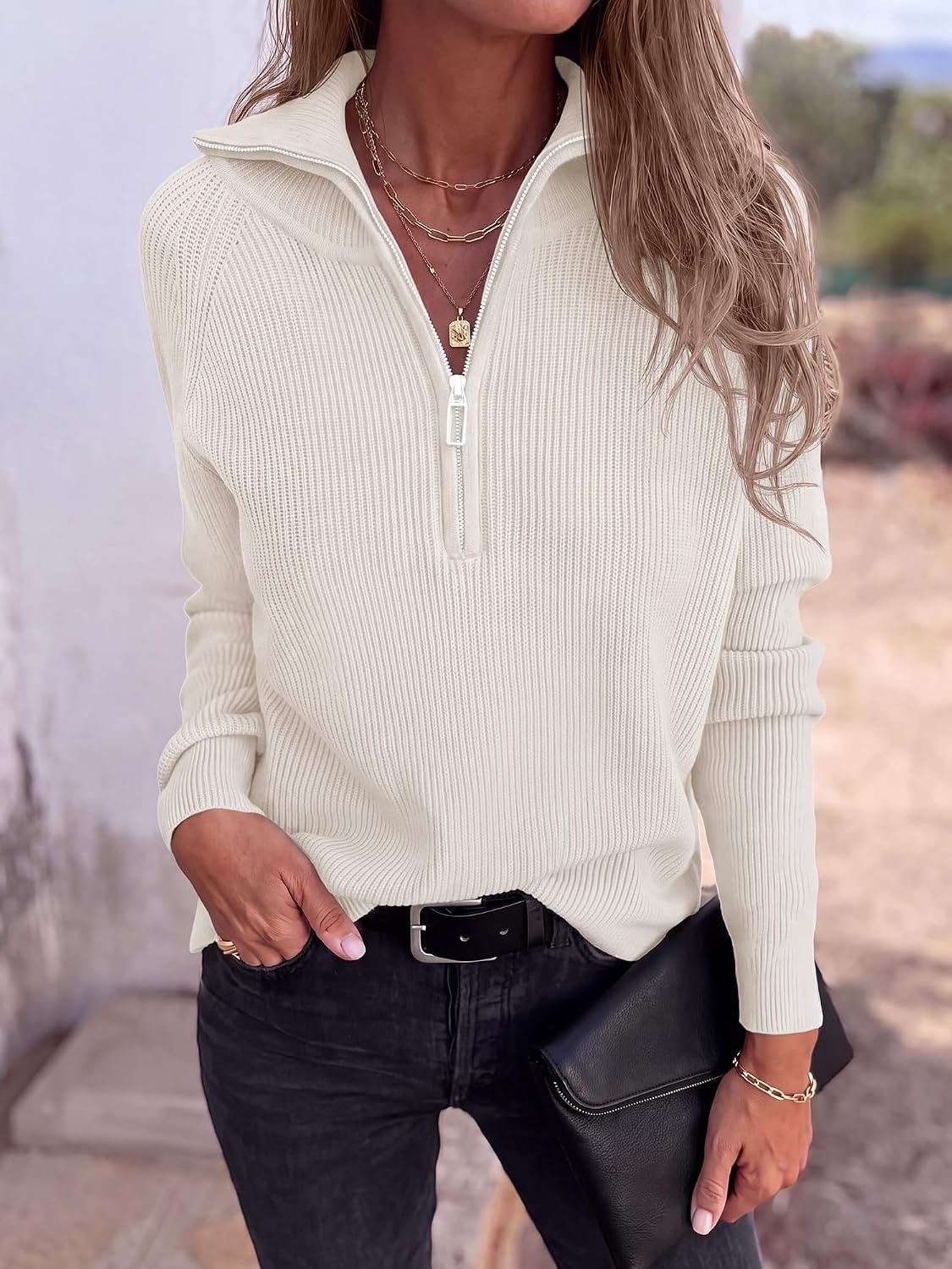 image:imageBTFBM Sweaters for Women Trendy Quarter Zip Pullover Fall Fashion ClothingBeige