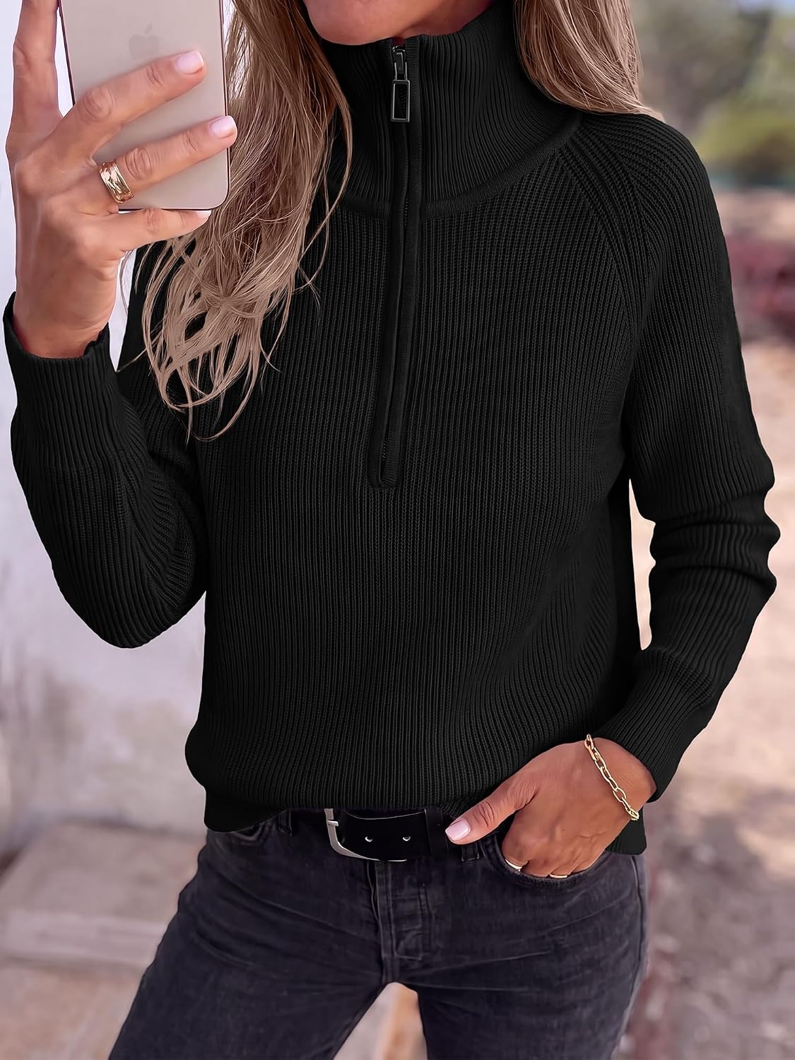 image:imageBTFBM Sweaters for Women Trendy Quarter Zip Pullover Fall Fashion ClothingBlack