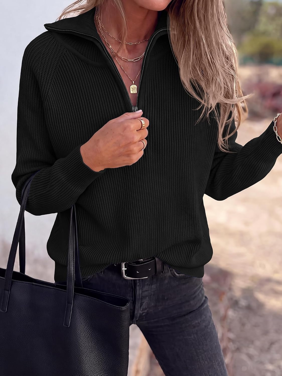 image:imageBTFBM Sweaters for Women Trendy Quarter Zip Pullover Fall Fashion ClothingBlack