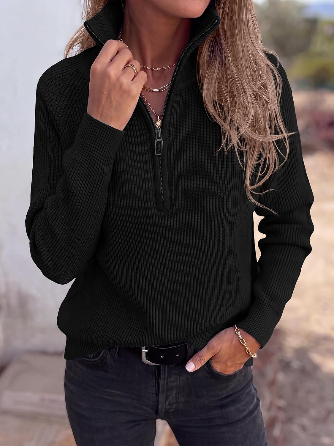 image:imageBTFBM Sweaters for Women Trendy Quarter Zip Pullover Fall Fashion ClothingBlack
