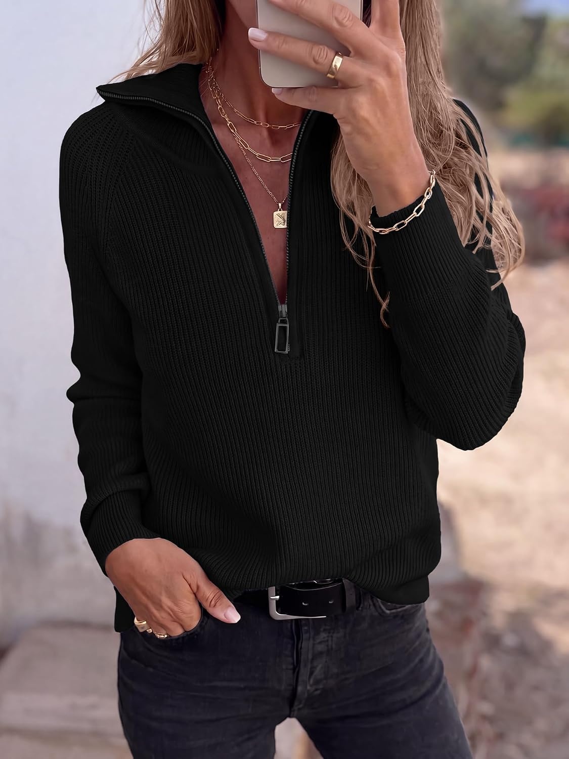 image:imageBTFBM Sweaters for Women Trendy Quarter Zip Pullover Fall Fashion ClothingBlack