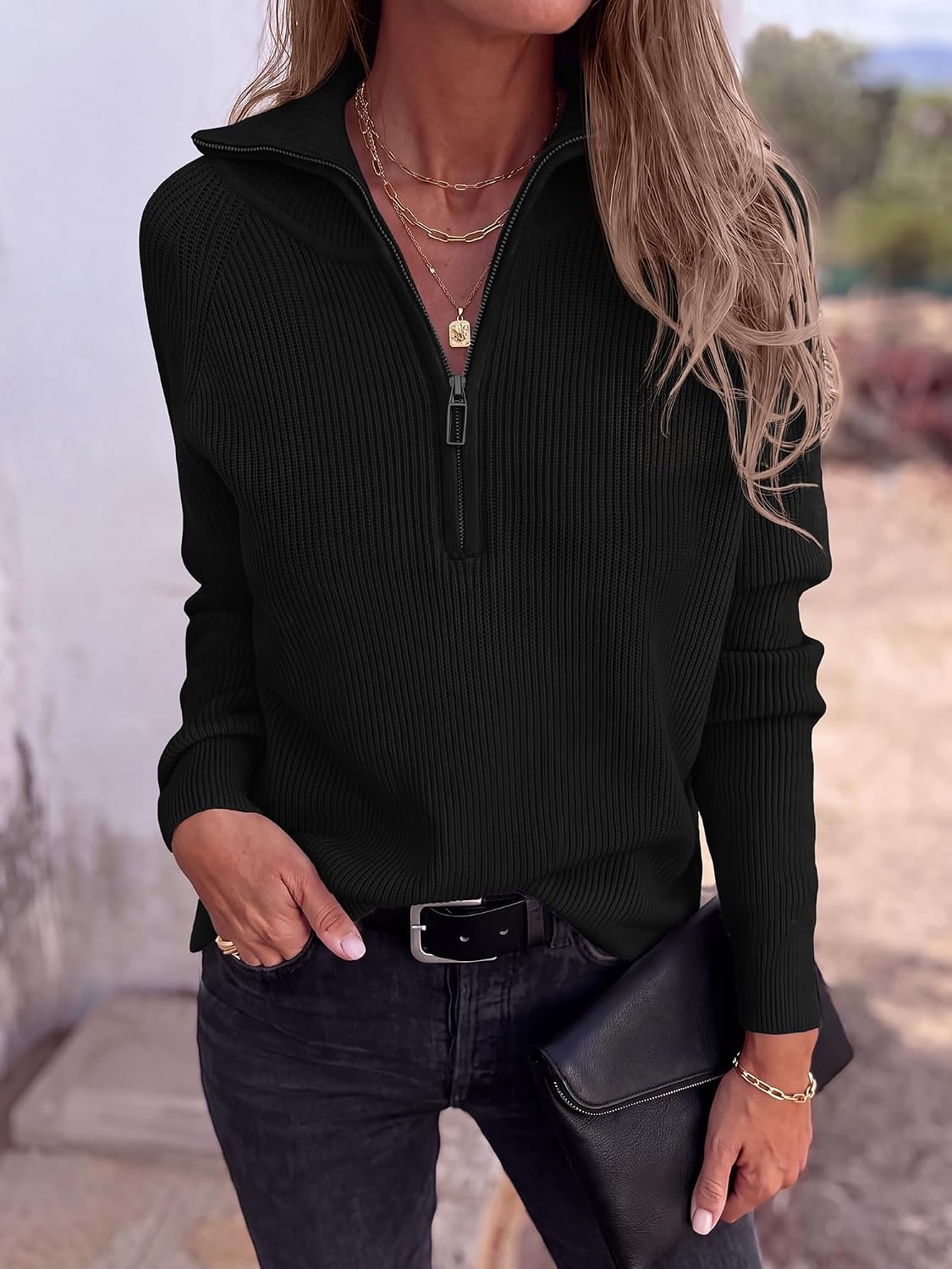 image:imageBTFBM Sweaters for Women Trendy Quarter Zip Pullover Fall Fashion ClothingBlack