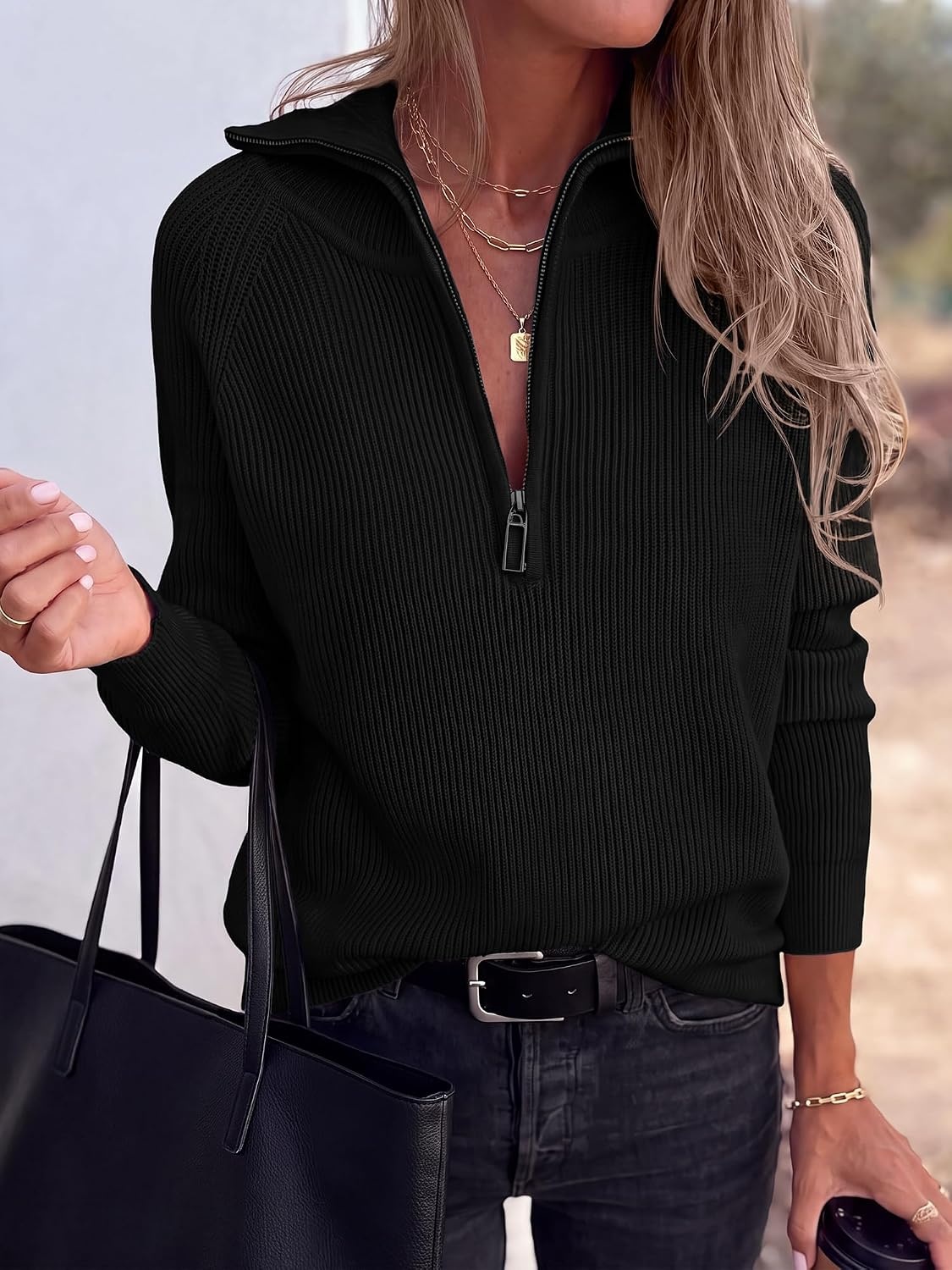 image:imageBTFBM Sweaters for Women Trendy Quarter Zip Pullover Fall Fashion ClothingBlack