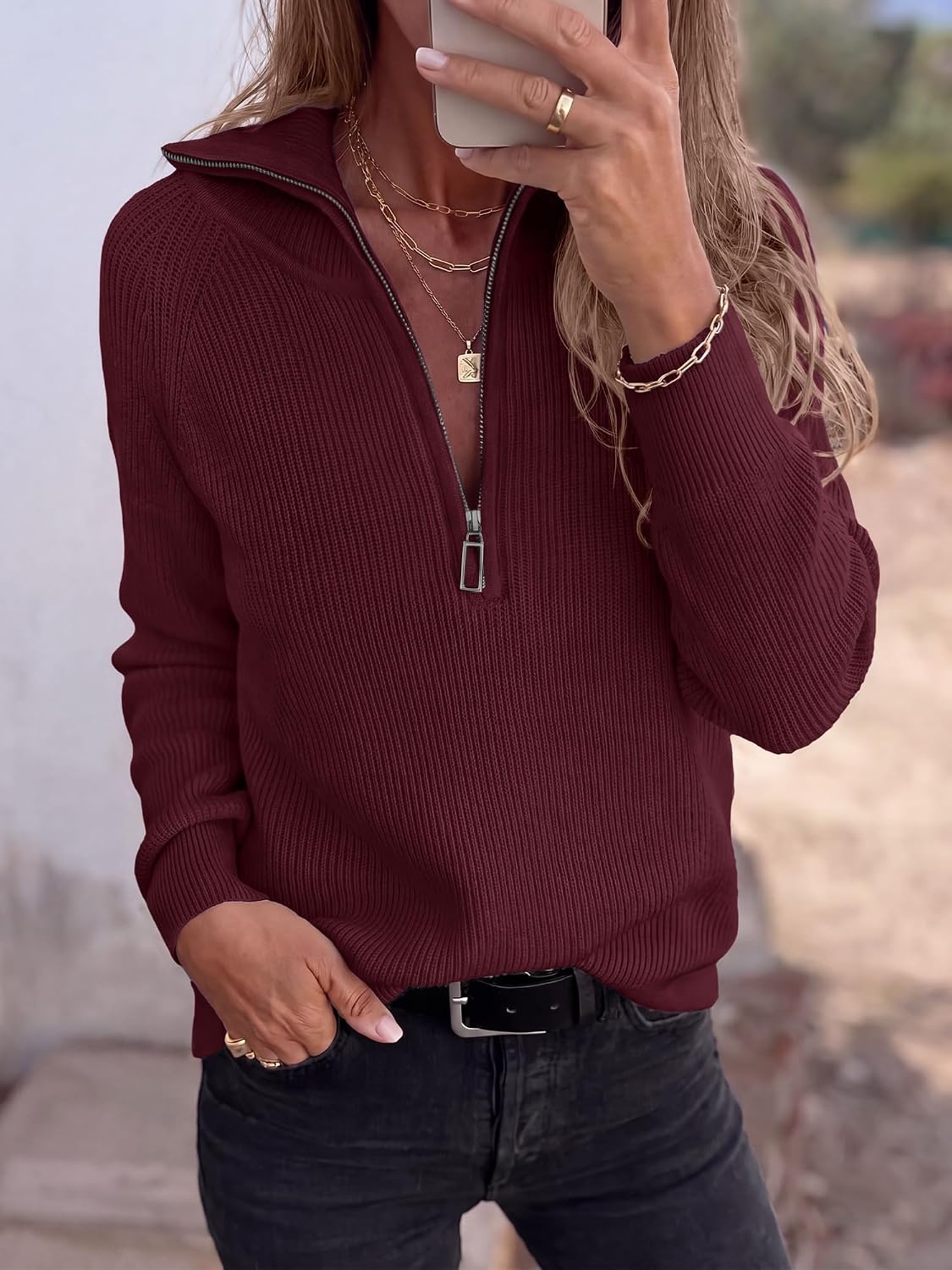 image:imageBTFBM Sweaters for Women Trendy Quarter Zip Pullover Fall Fashion ClothingBurgundy