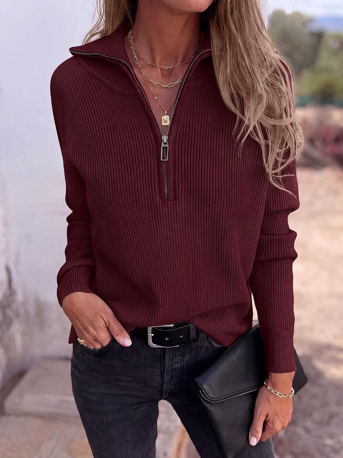 image:imageBTFBM Sweaters for Women Trendy Quarter Zip Pullover Fall Fashion ClothingBurgundy