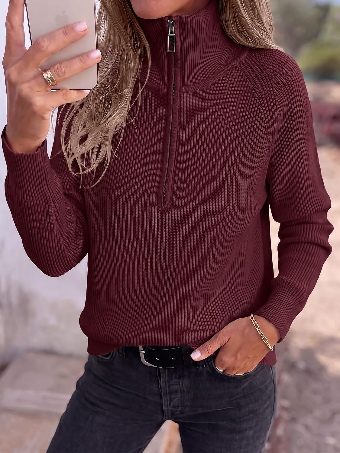 image:imageBTFBM Sweaters for Women Trendy Quarter Zip Pullover Fall Fashion ClothingBurgundy
