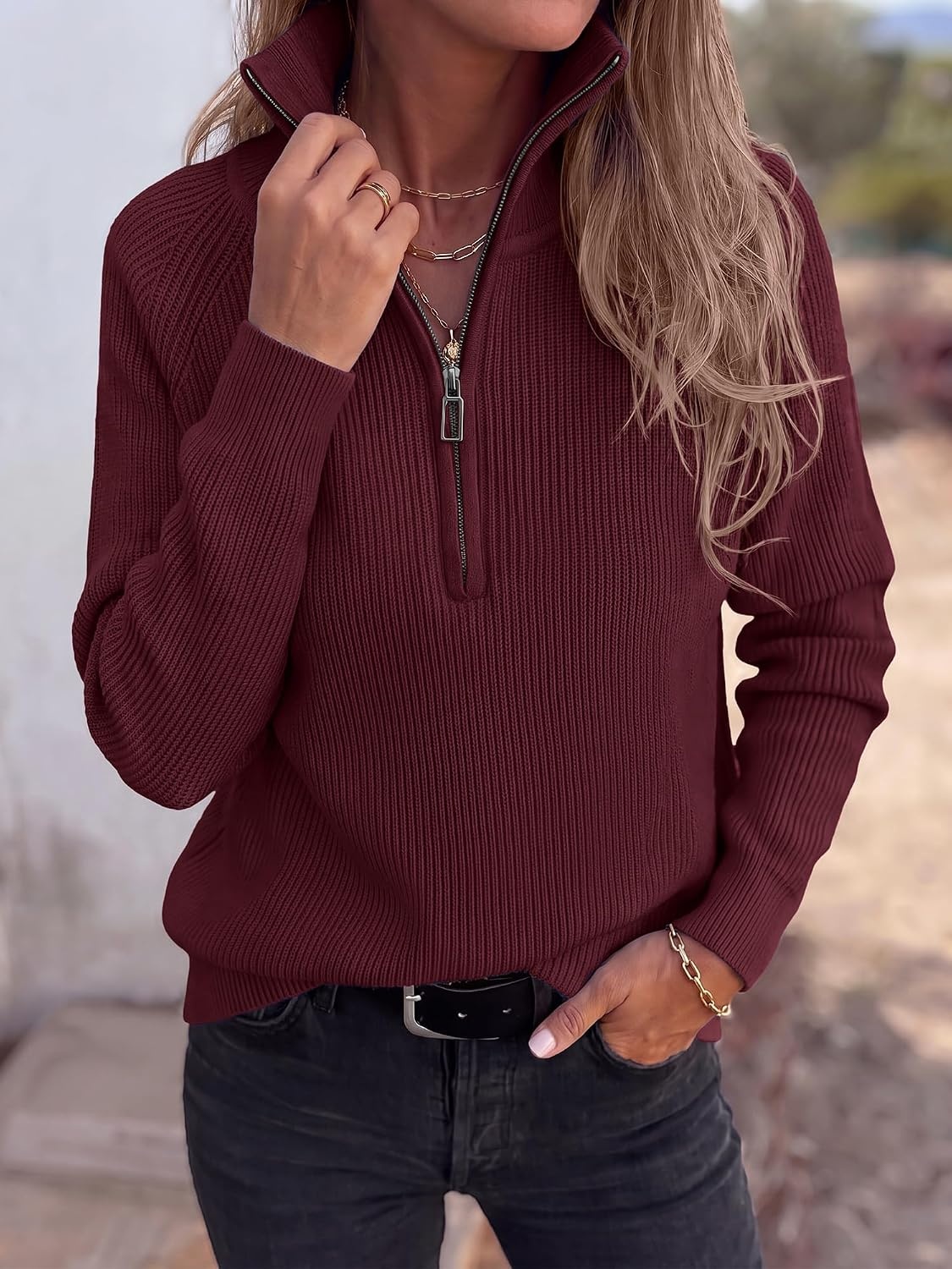 image:imageBTFBM Sweaters for Women Trendy Quarter Zip Pullover Fall Fashion ClothingBurgundy