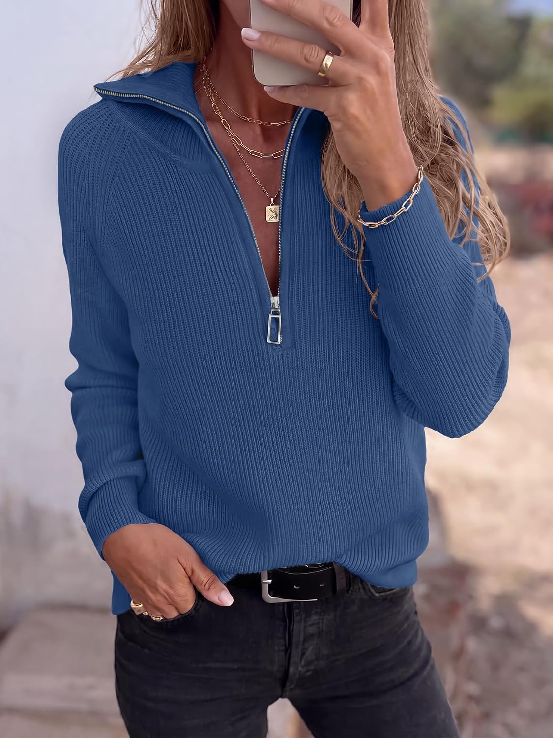 image:imageBTFBM Sweaters for Women Trendy Quarter Zip Pullover Fall Fashion ClothingDark Blue