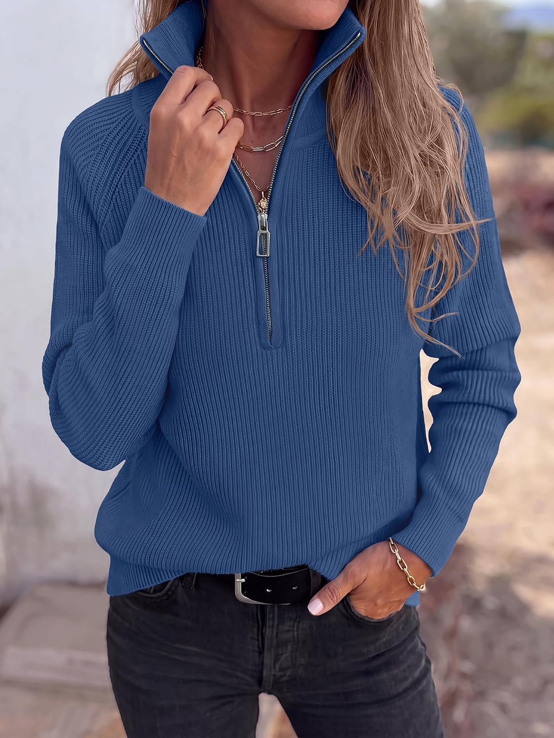 image:imageBTFBM Sweaters for Women Trendy Quarter Zip Pullover Fall Fashion ClothingDark Blue