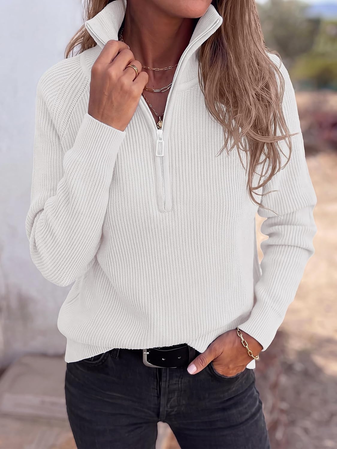 image:imageBTFBM Sweaters for Women Trendy Quarter Zip Pullover Fall Fashion ClothingWhite