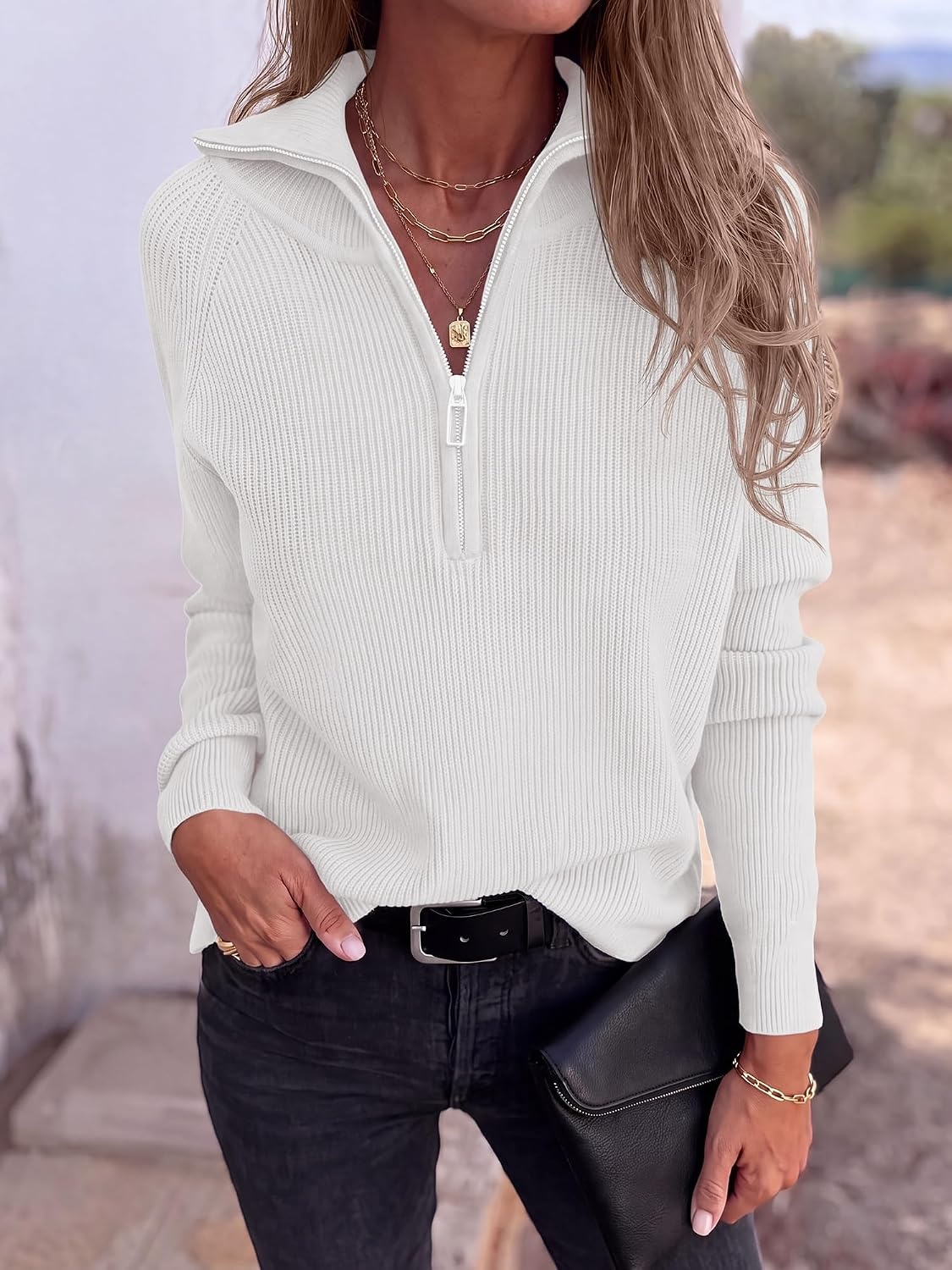 image:imageBTFBM Sweaters for Women Trendy Quarter Zip Pullover Fall Fashion ClothingWhite
