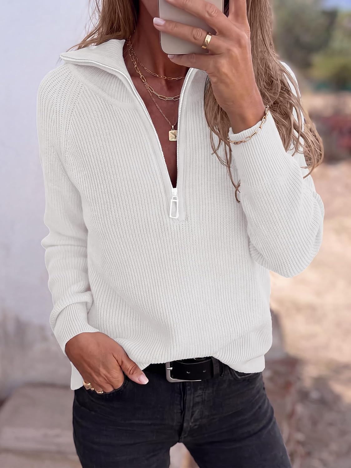 image:imageBTFBM Sweaters for Women Trendy Quarter Zip Pullover Fall Fashion ClothingWhite