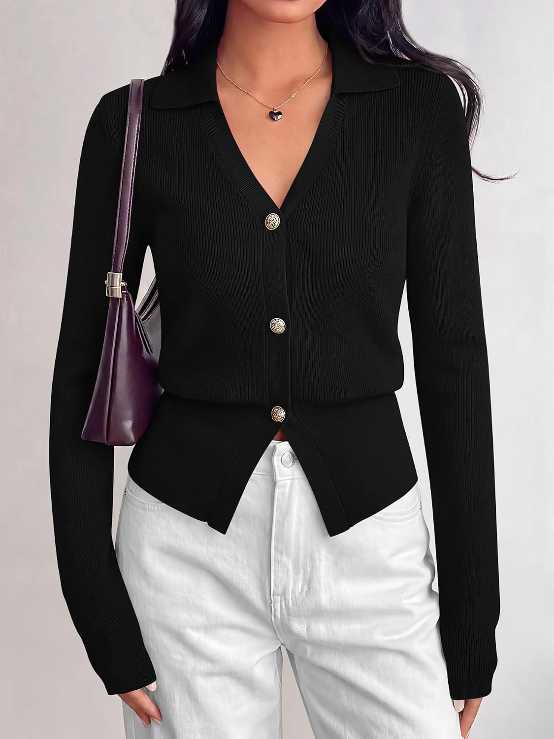 image:imageBTFBM V Neck Long Sleeve Fall Lightweight Cardigan Sweaters for Women 2026Black