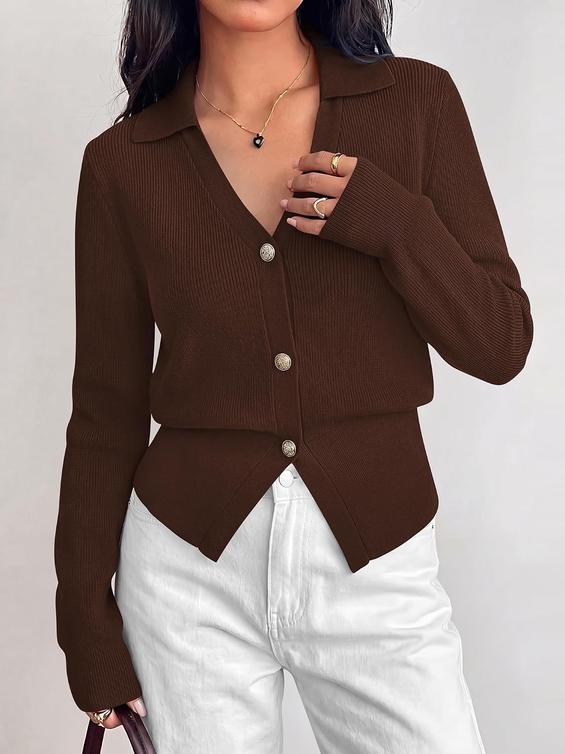 image:imageBTFBM V Neck Long Sleeve Fall Lightweight Cardigan Sweaters for Women 2026Brown