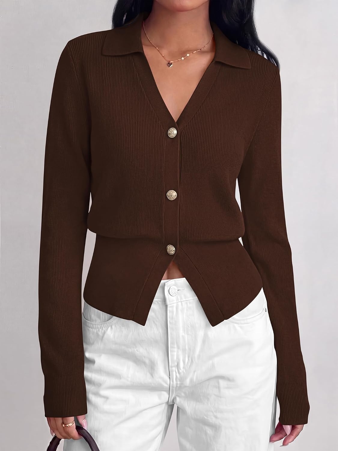 image:imageBTFBM V Neck Long Sleeve Fall Lightweight Cardigan Sweaters for Women 2026Brown