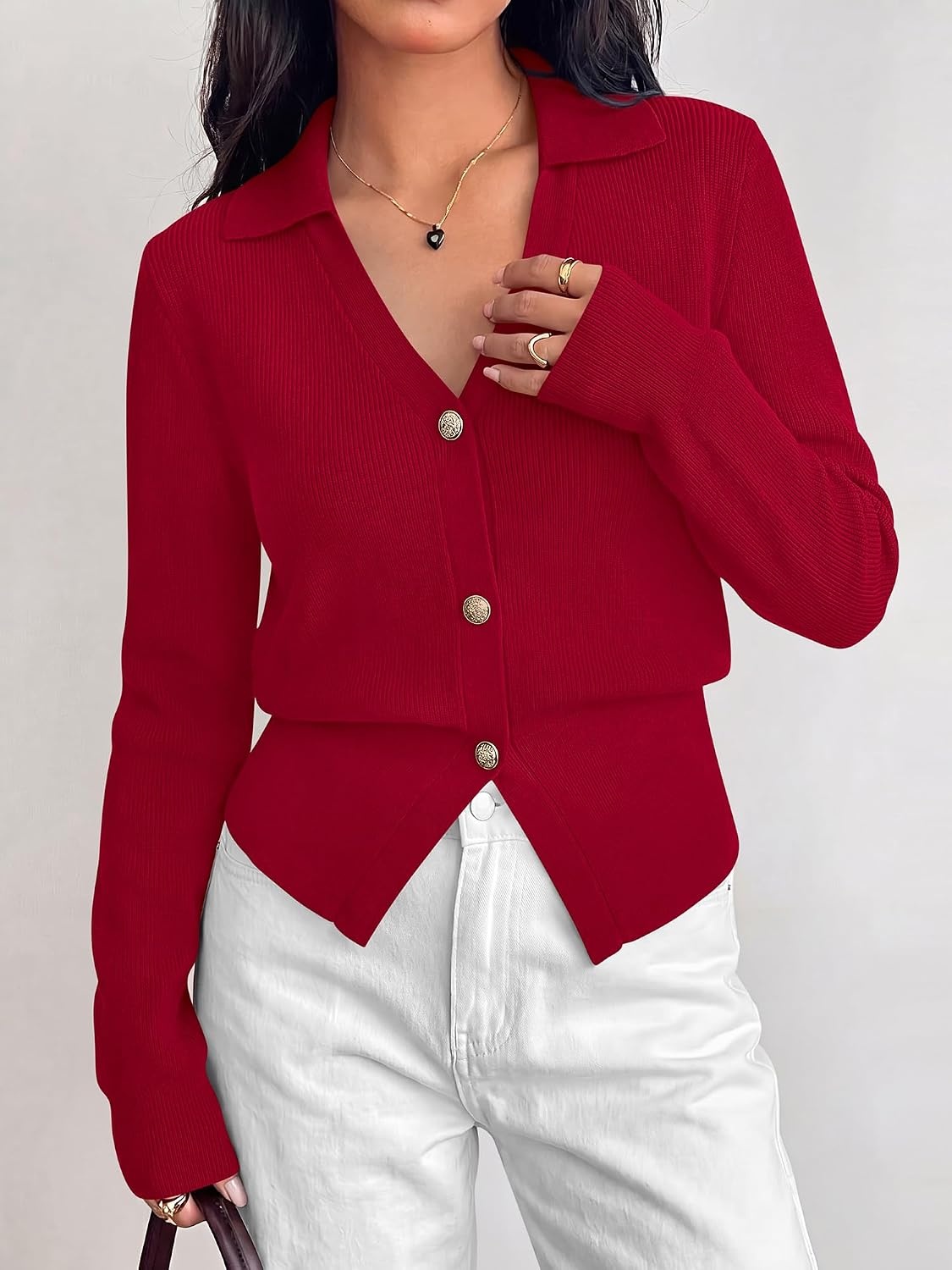 image:imageBTFBM V Neck Long Sleeve Fall Lightweight Cardigan Sweaters for Women 2026Red