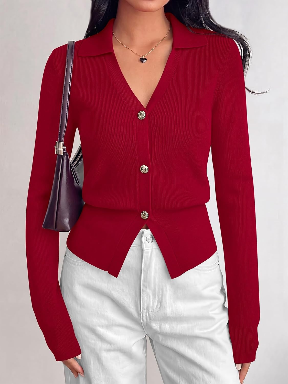 image:imageBTFBM V Neck Long Sleeve Fall Lightweight Cardigan Sweaters for Women 2026Red