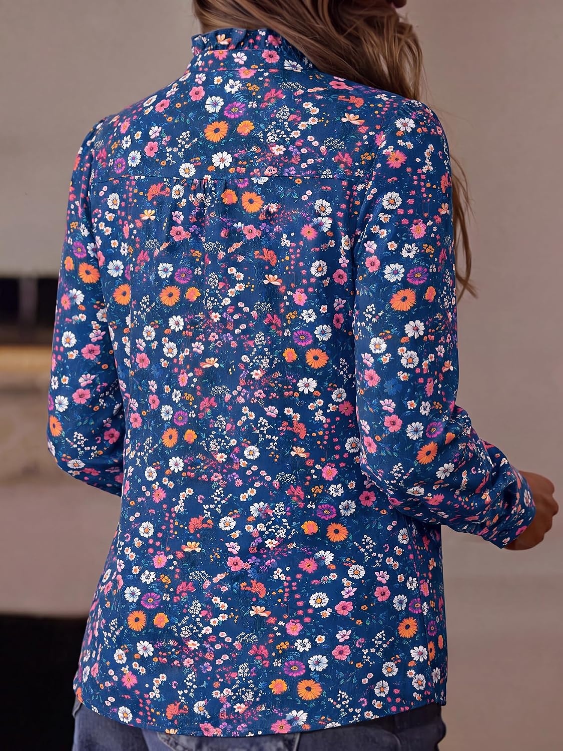 image:imageBTFBM Women Puff Long Sleeve Shirts Ruffle Collar Floral Boho TopsFloral Blue Multicolored