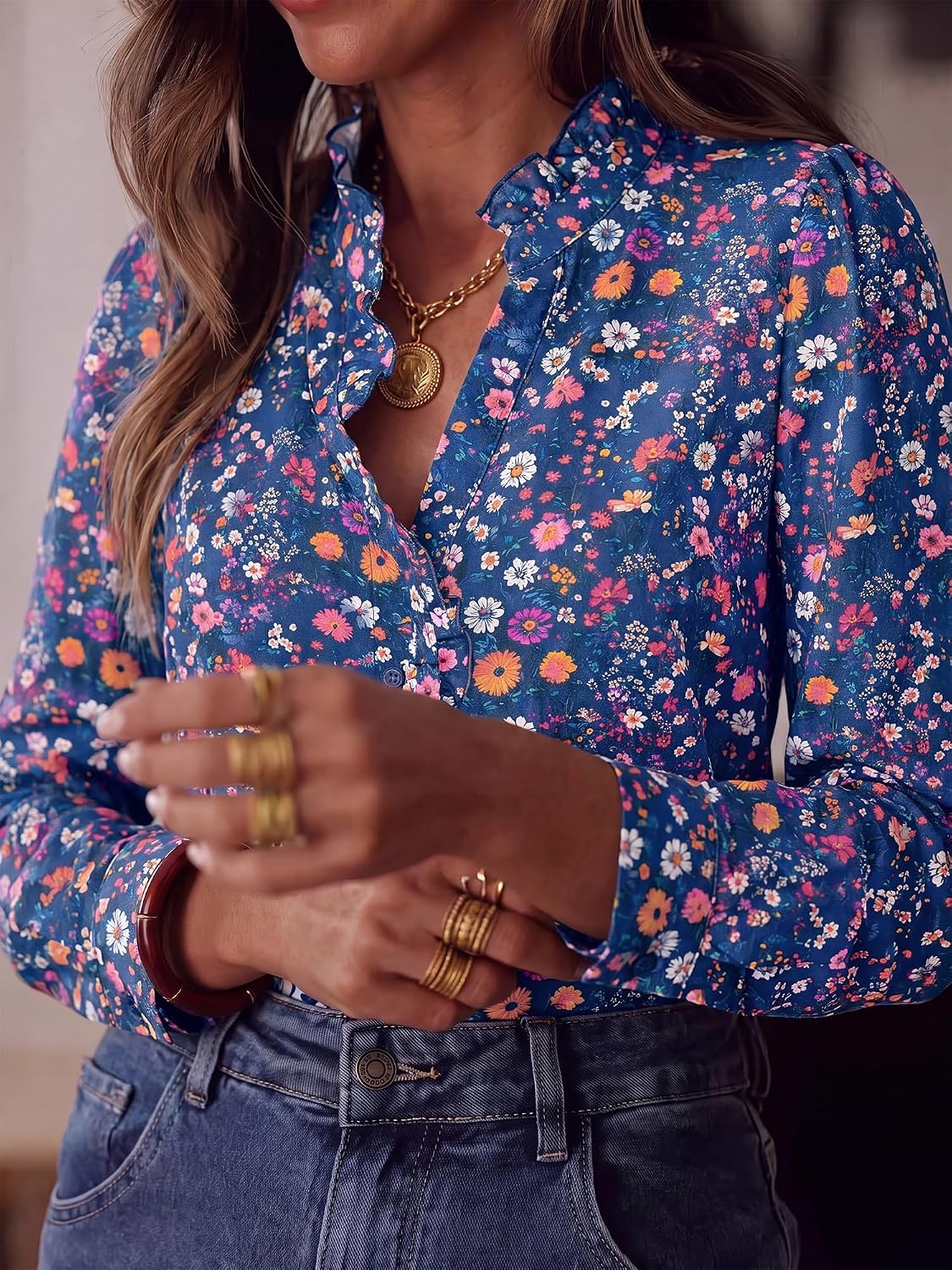 image:imageBTFBM Women Puff Long Sleeve Shirts Ruffle Collar Floral Boho TopsFloral Blue Multicolored