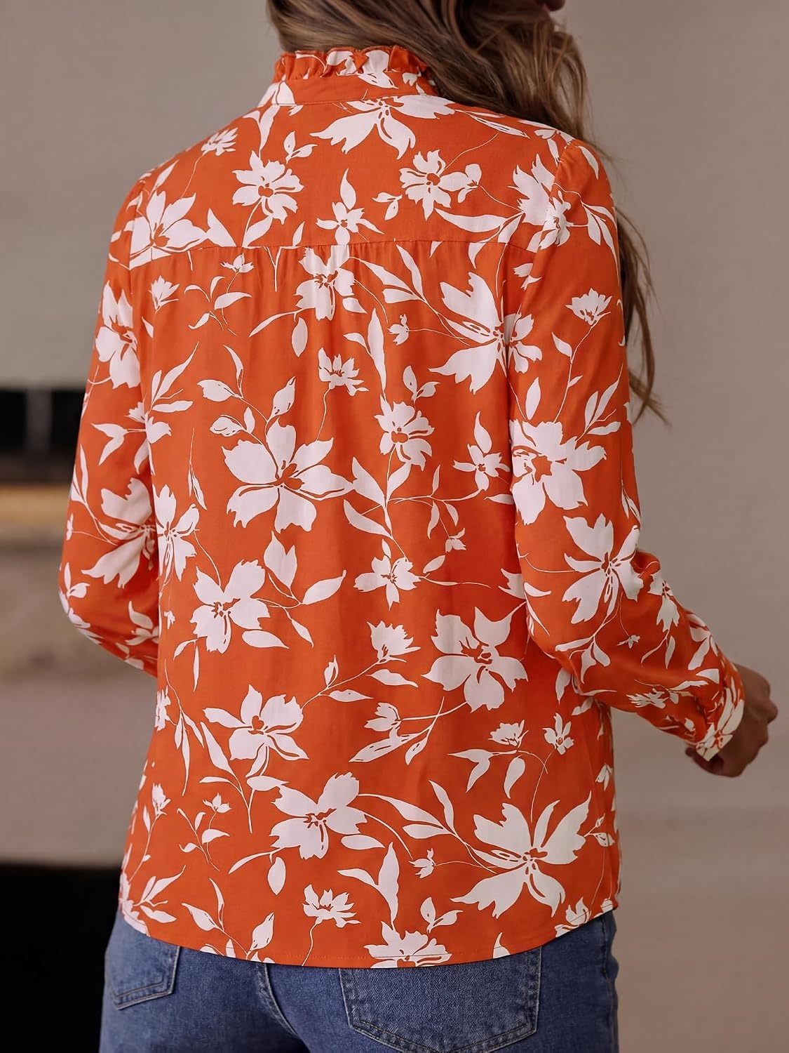 image:imageBTFBM Women Puff Long Sleeve Shirts Ruffle Collar Floral Boho TopsFloral Brick Red White