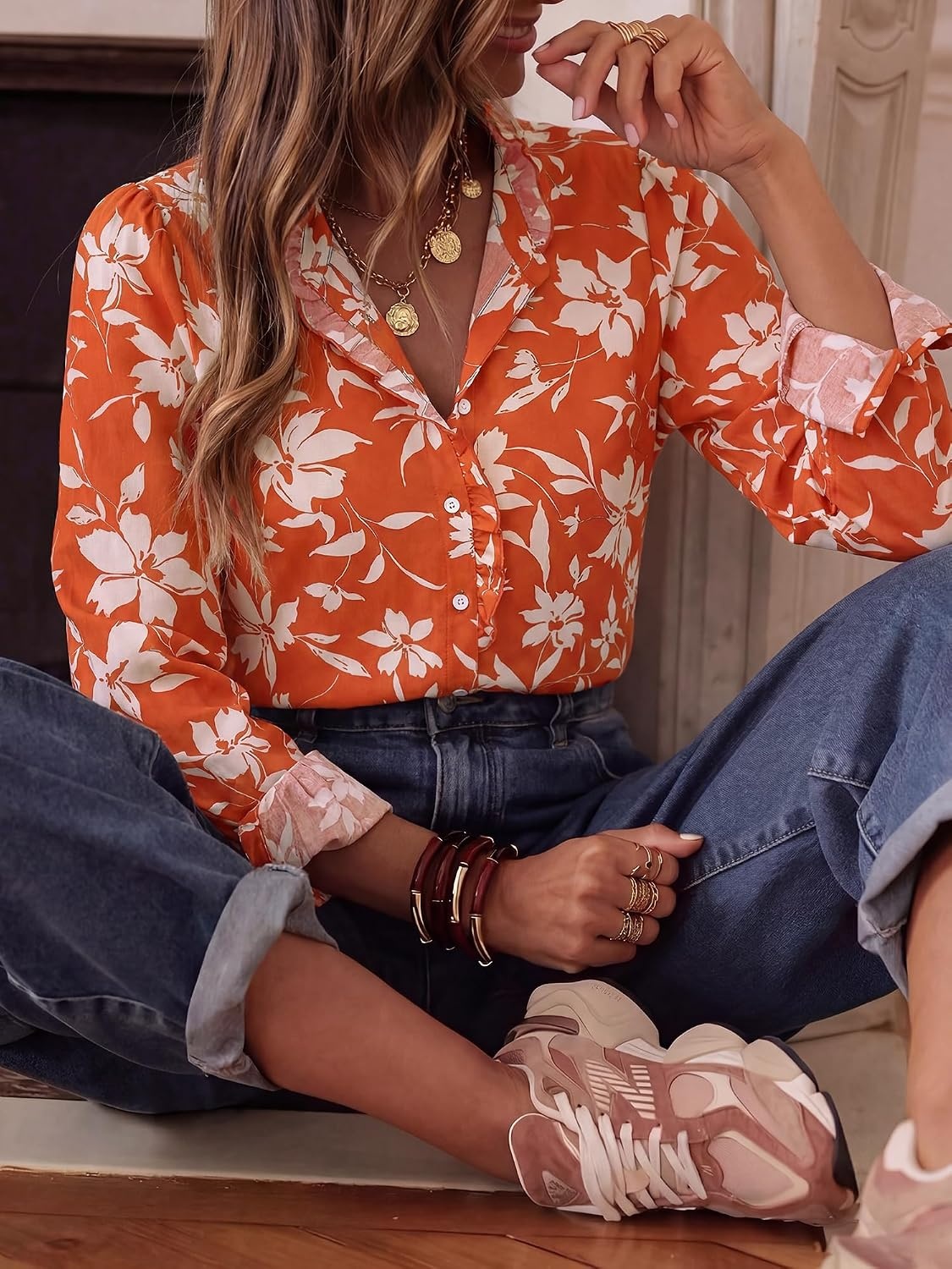 image:imageBTFBM Women Puff Long Sleeve Shirts Ruffle Collar Floral Boho TopsFloral Brick Red White