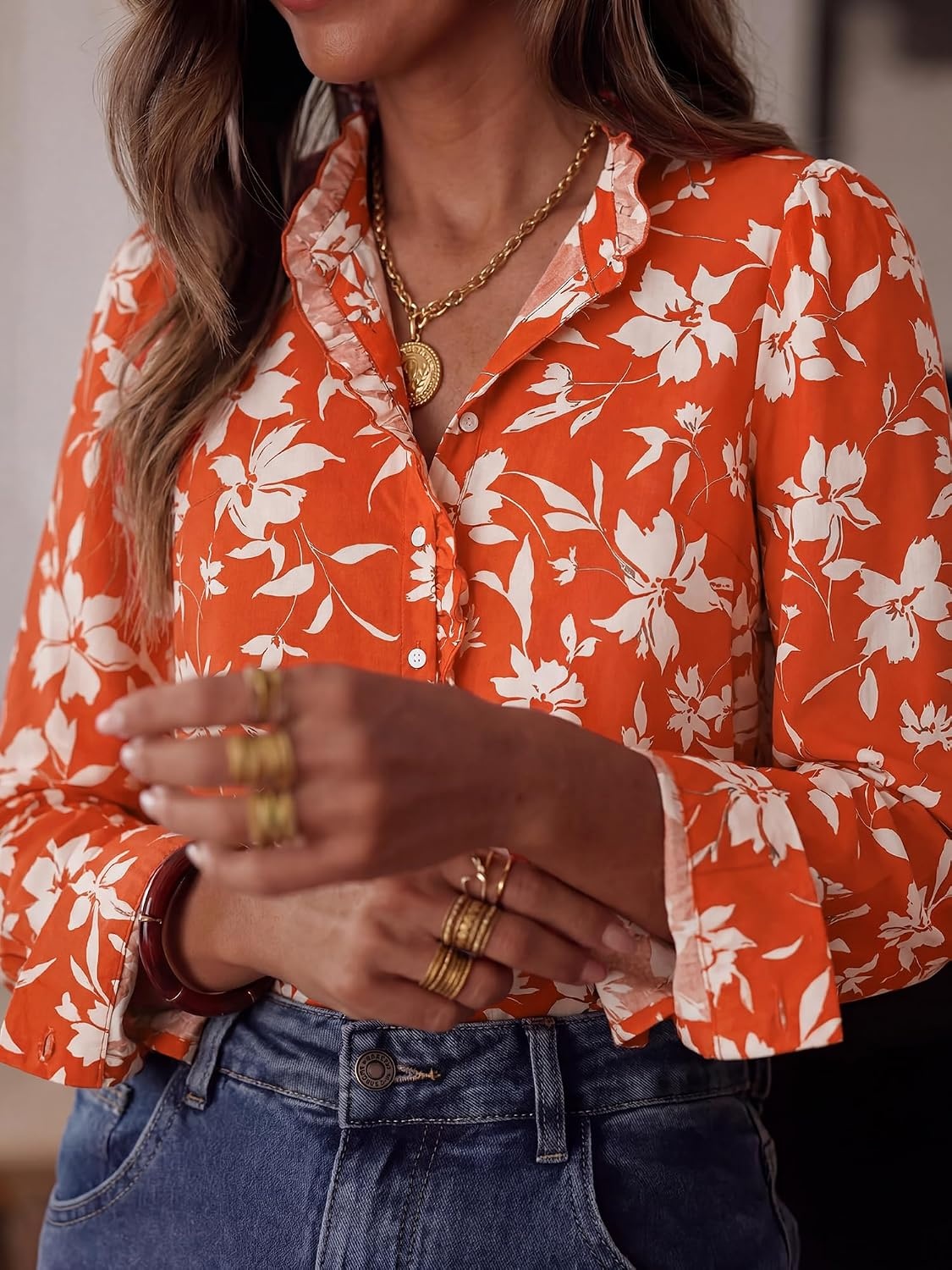 image:imageBTFBM Women Puff Long Sleeve Shirts Ruffle Collar Floral Boho TopsFloral Brick Red White