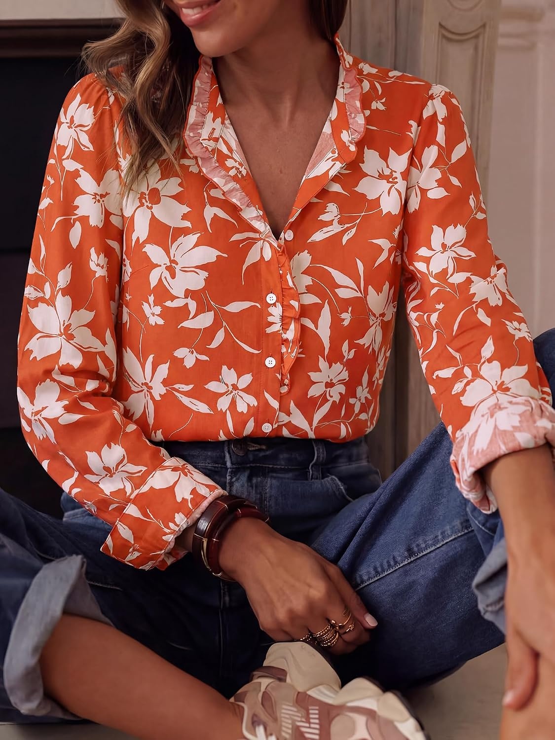 image:imageBTFBM Women Puff Long Sleeve Shirts Ruffle Collar Floral Boho TopsFloral Brick Red White
