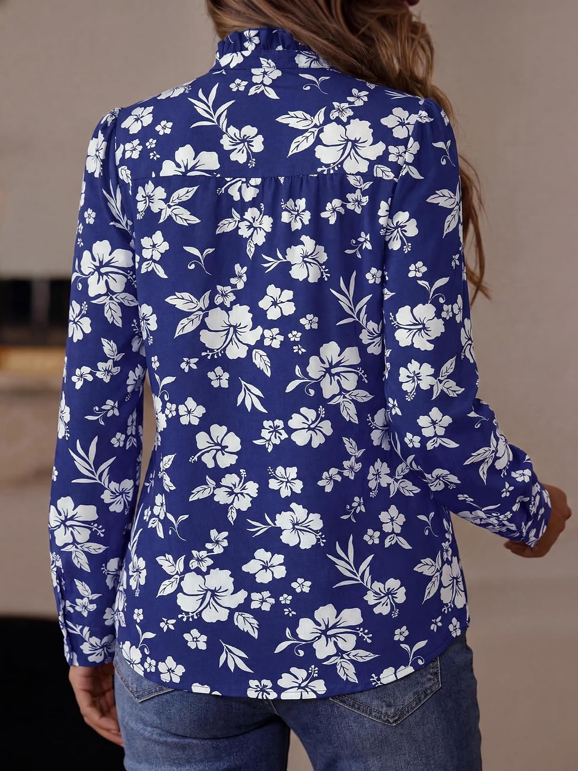 image:imageBTFBM Women Puff Long Sleeve Shirts Ruffle Collar Floral Boho TopsFloral Dark Blue White