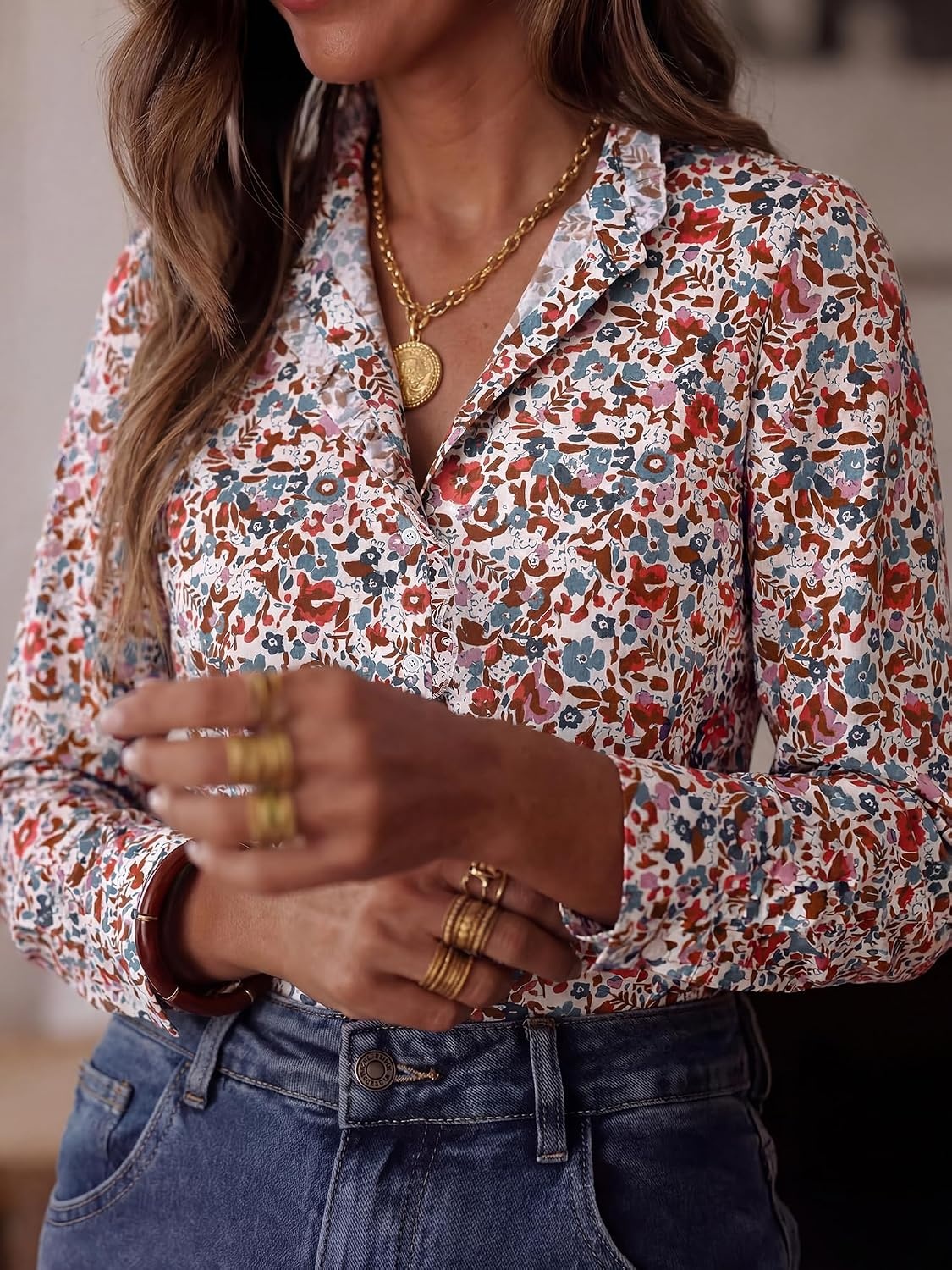 image:imageBTFBM Women Puff Long Sleeve Shirts Ruffle Collar Floral Boho TopsFloral White Red Blue