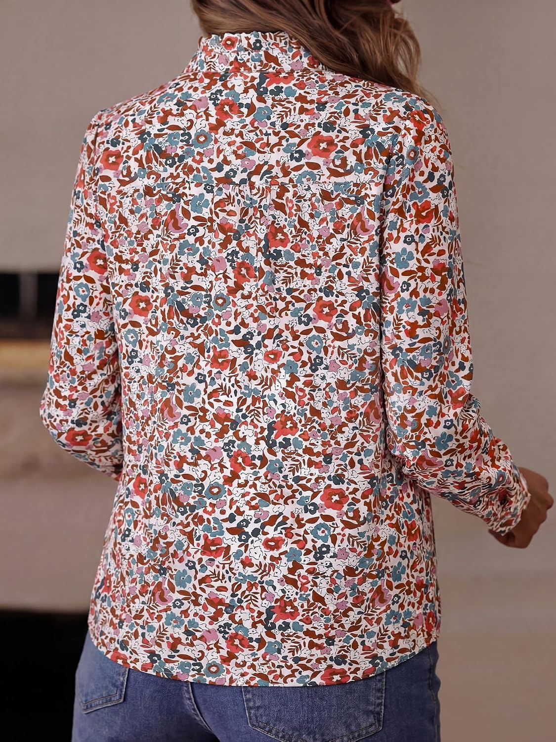 image:imageBTFBM Women Puff Long Sleeve Shirts Ruffle Collar Floral Boho TopsFloral White Red Blue