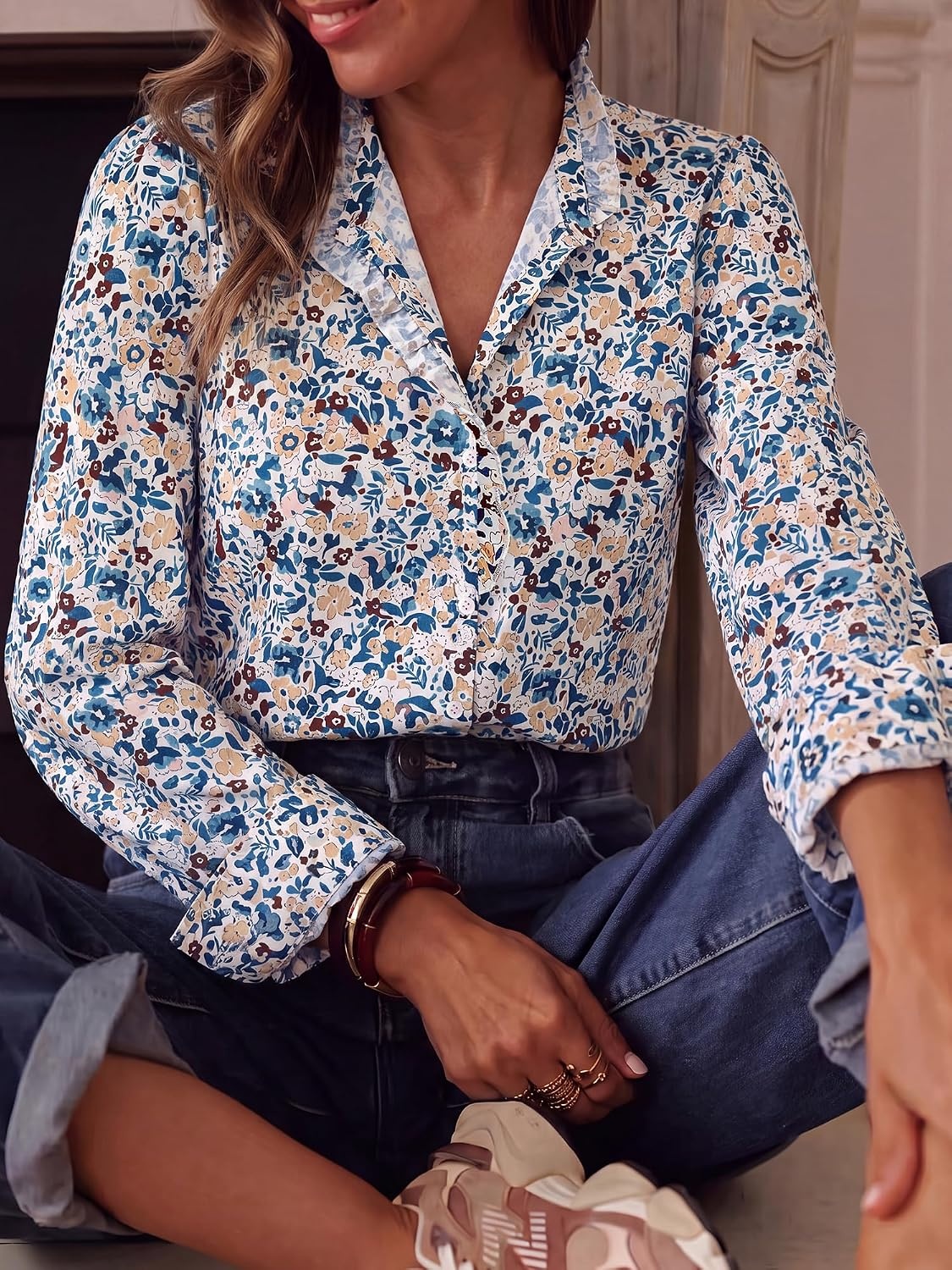 image:imageBTFBM Women Puff Long Sleeve Shirts Ruffle Collar Floral Boho TopsFloral White Yellow Blue