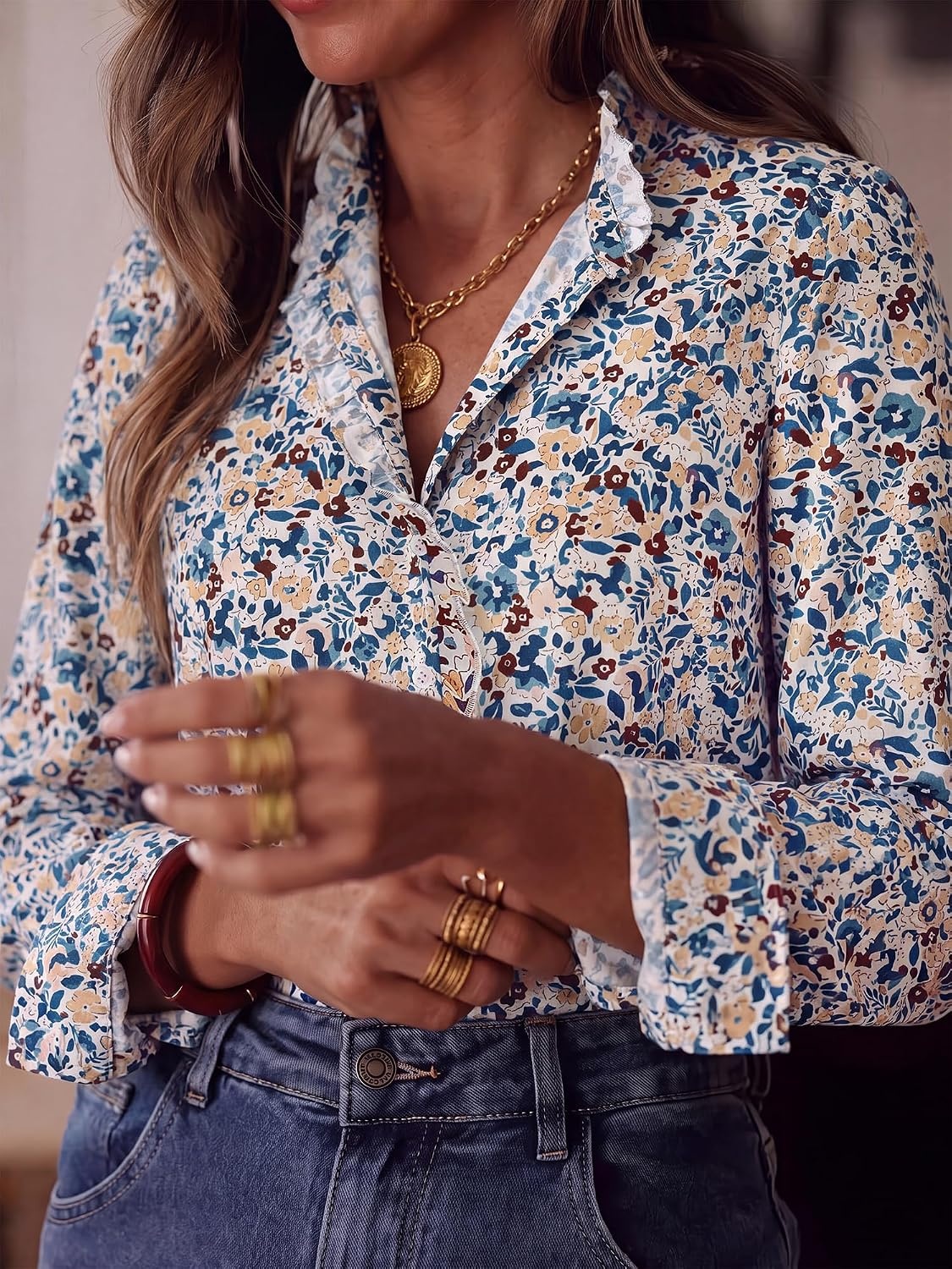 image:imageBTFBM Women Puff Long Sleeve Shirts Ruffle Collar Floral Boho TopsFloral White Yellow Blue